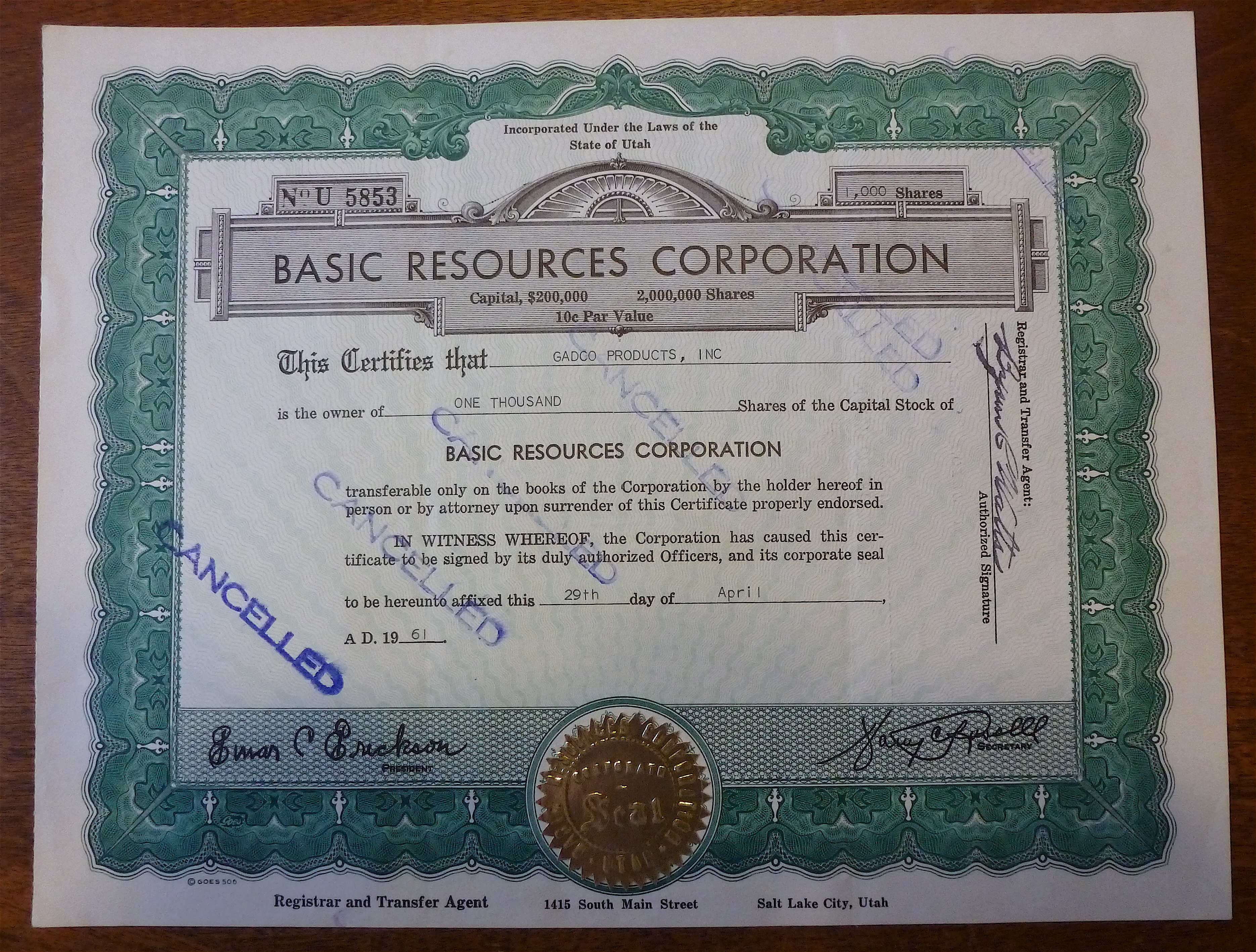 1961 Basic Resources Corporation Stock Certificate