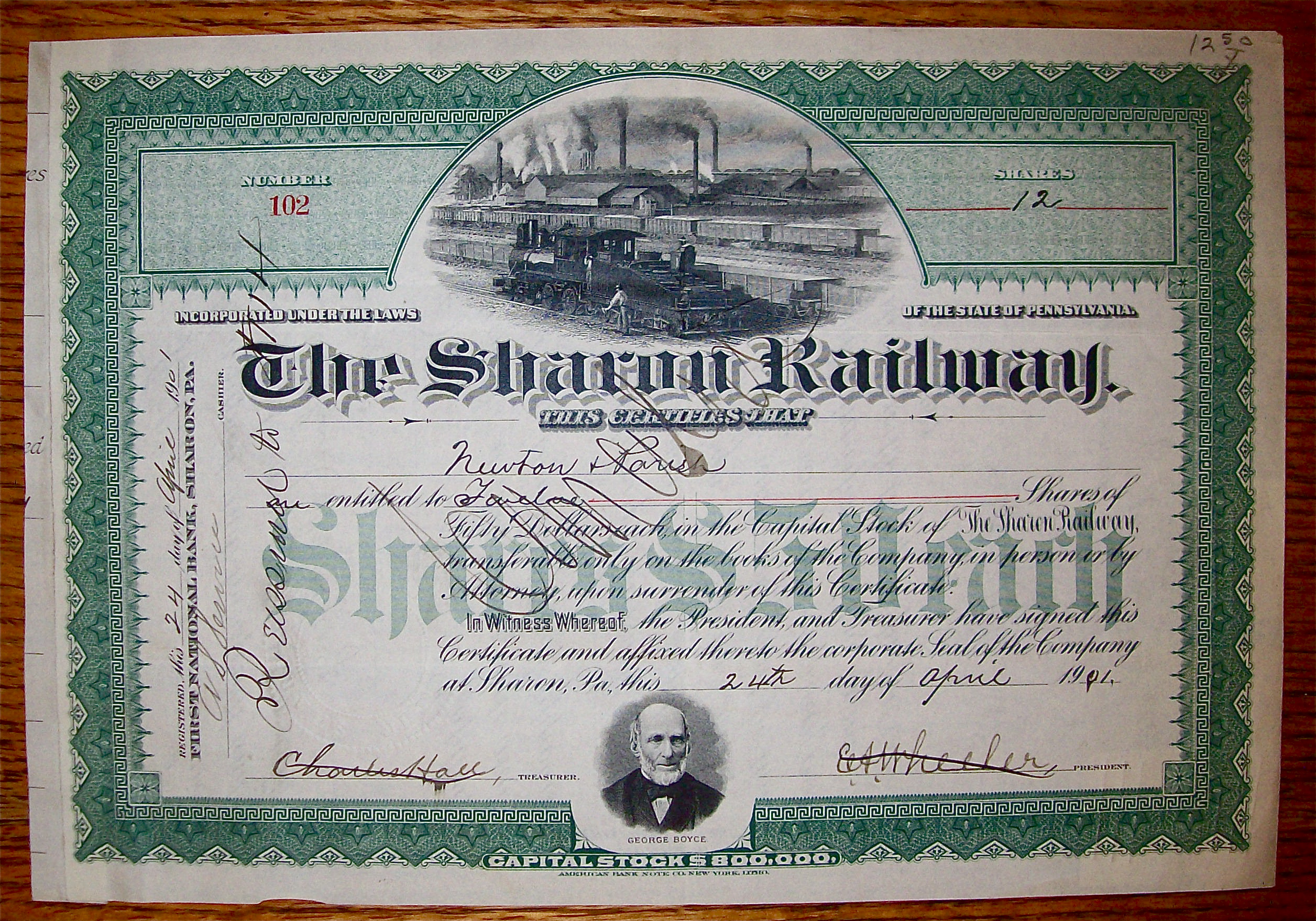 1901 The Sharon Railway Stock Certificate