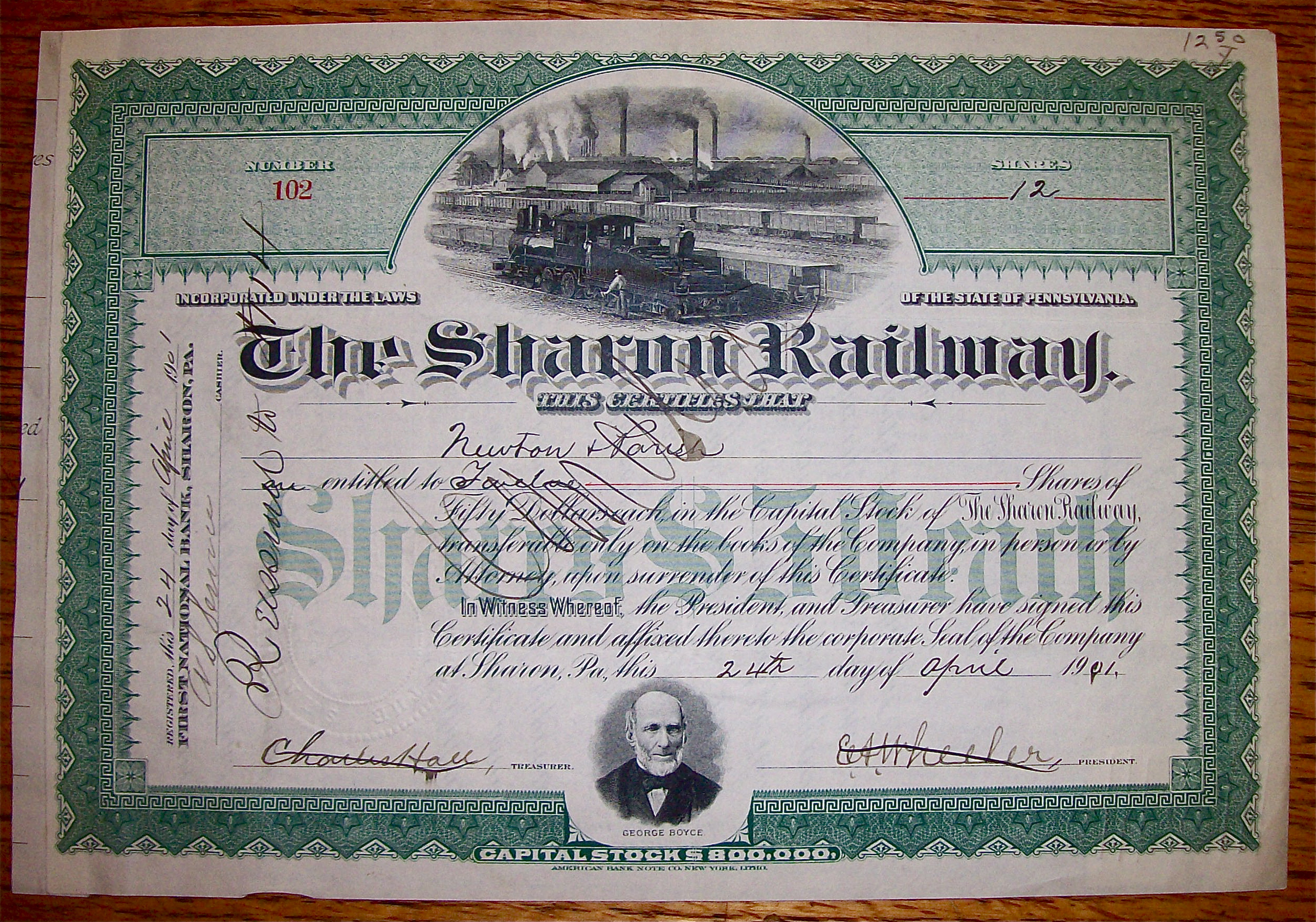 1901 The Sharon Railway Stock Certificate