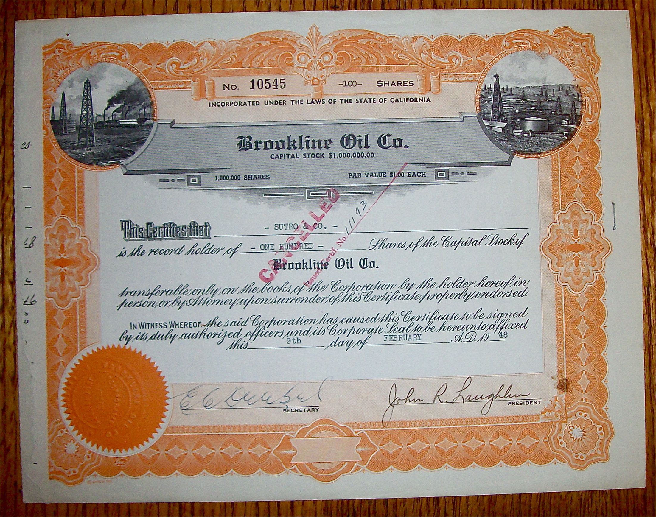 1948 Brookline Oil Company Stock Certificate