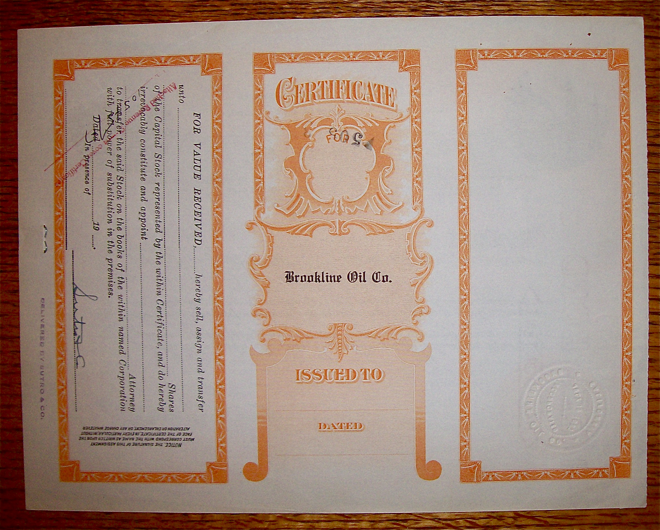 1948 Brookline Oil Company Stock Certificate