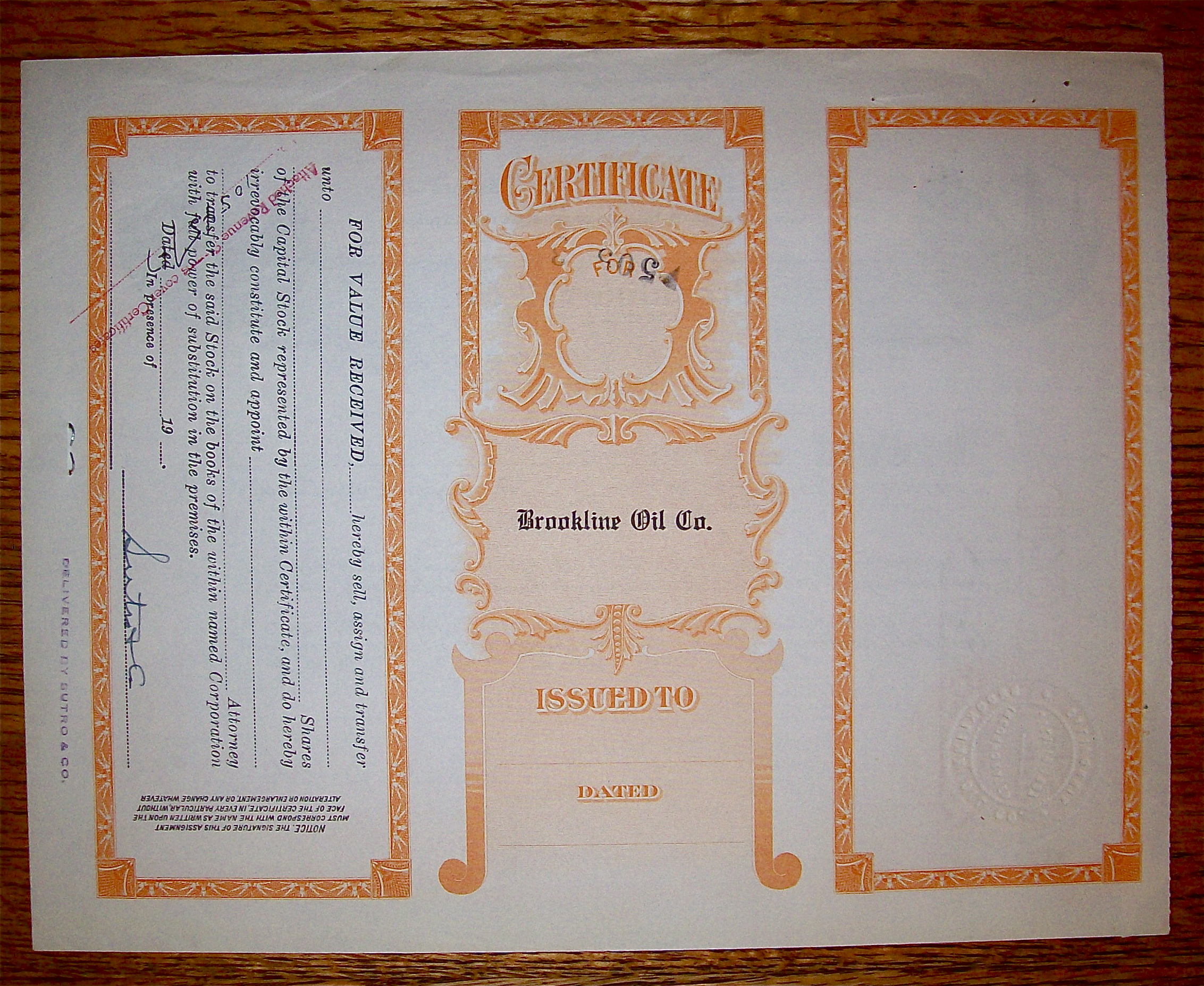1948 Brookline Oil Company Stock Certificate