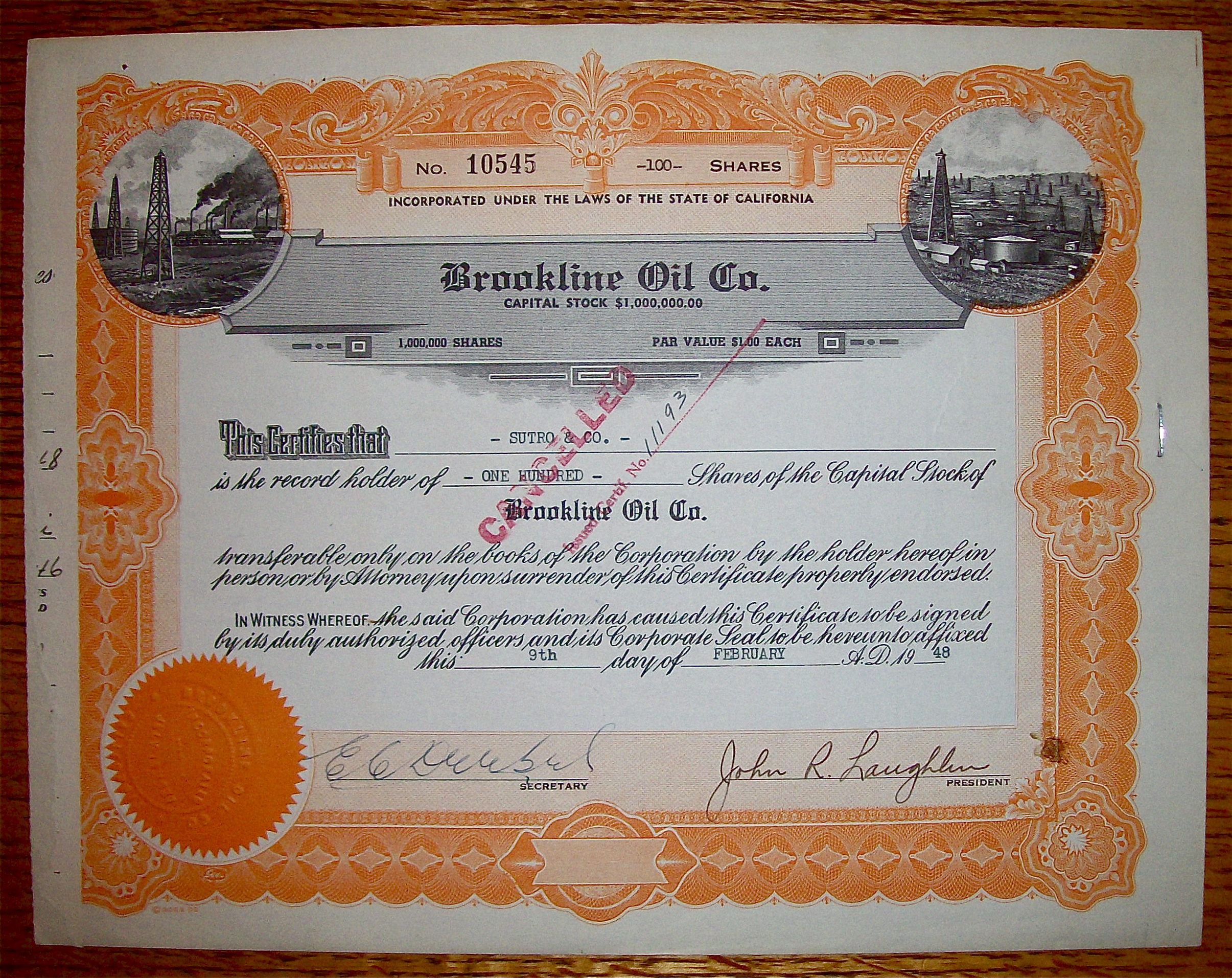 1948 Brookline Oil Company Stock Certificate