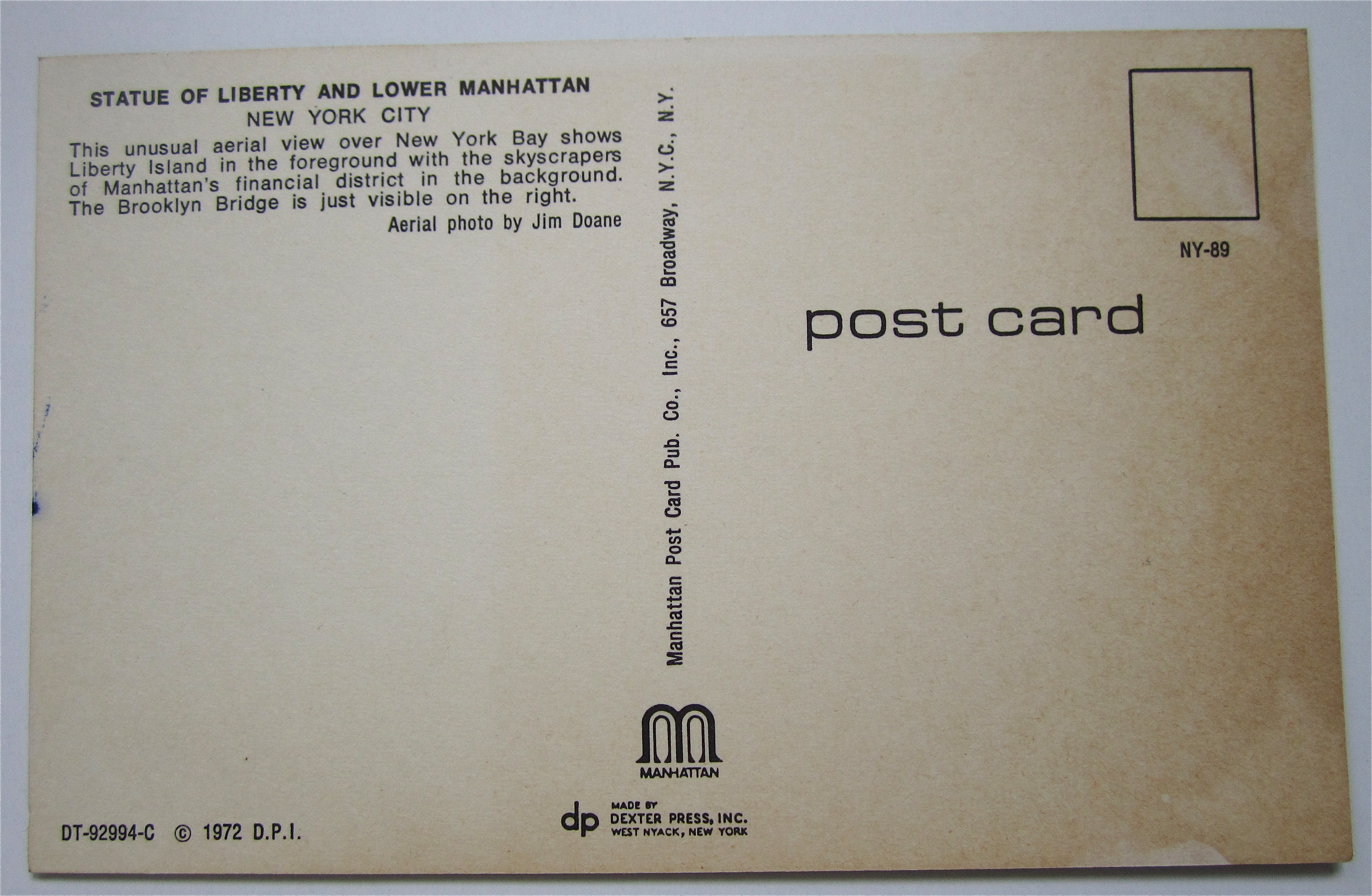 Statue Of Liberty & Lower Manhattan, New York Postcard