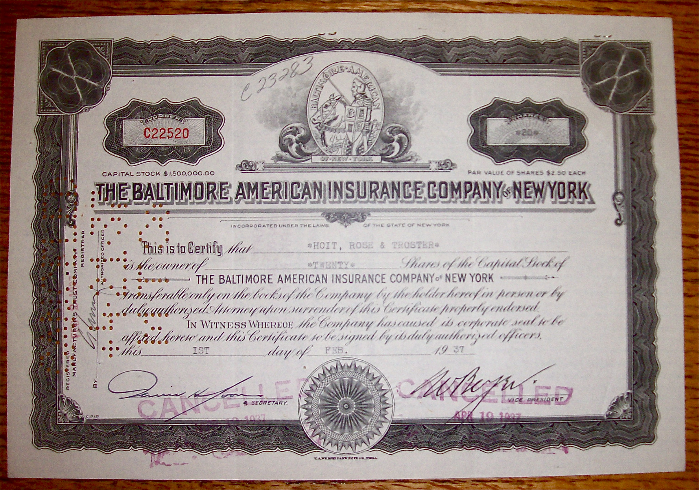 1937 Baltimore American Insurance Co Of New York Stock