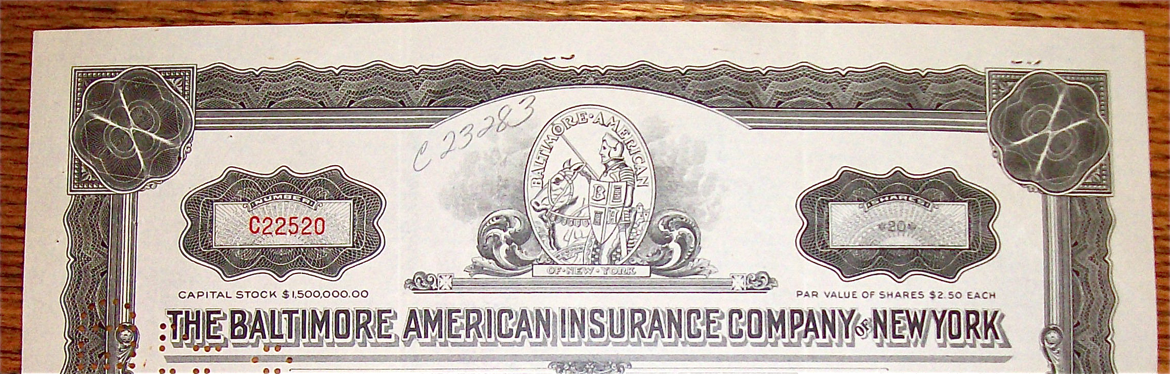 1937 Baltimore American Insurance Co Of New York Stock