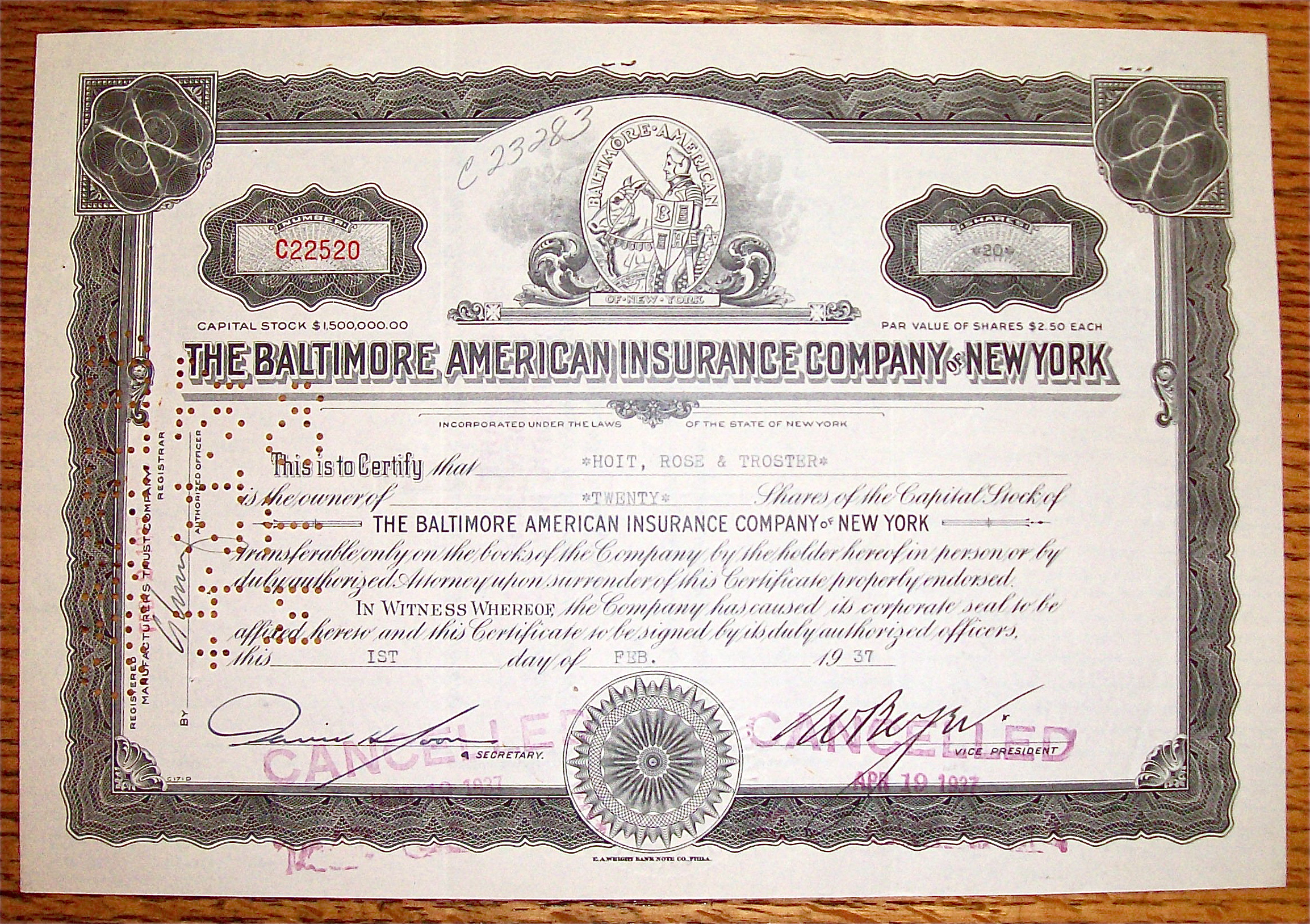 1937 Baltimore American Insurance Co Of New York Stock