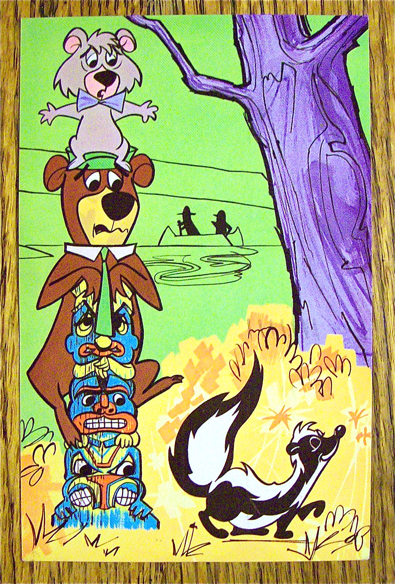 Yogi Bear & Boo Boo with Totem Pole Postcard