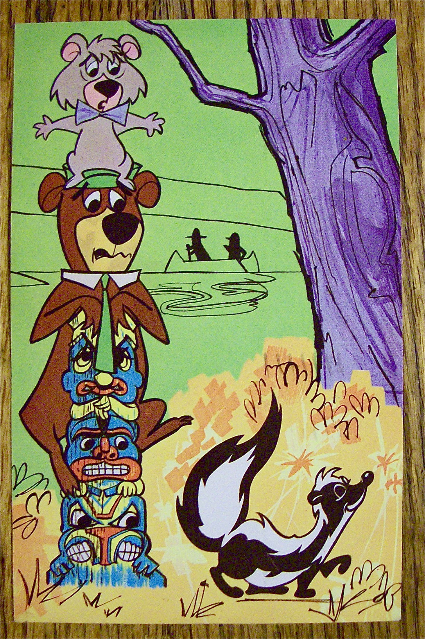 Yogi Bear & Boo Boo with Totem Pole Postcard