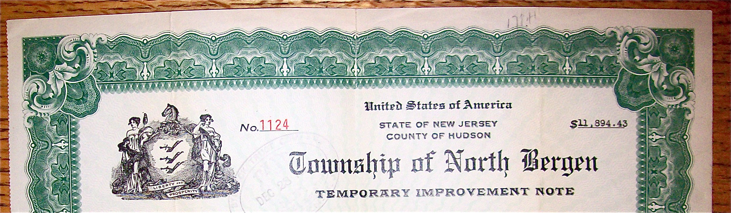 1925 Township Of North Bergen New Jersey Note