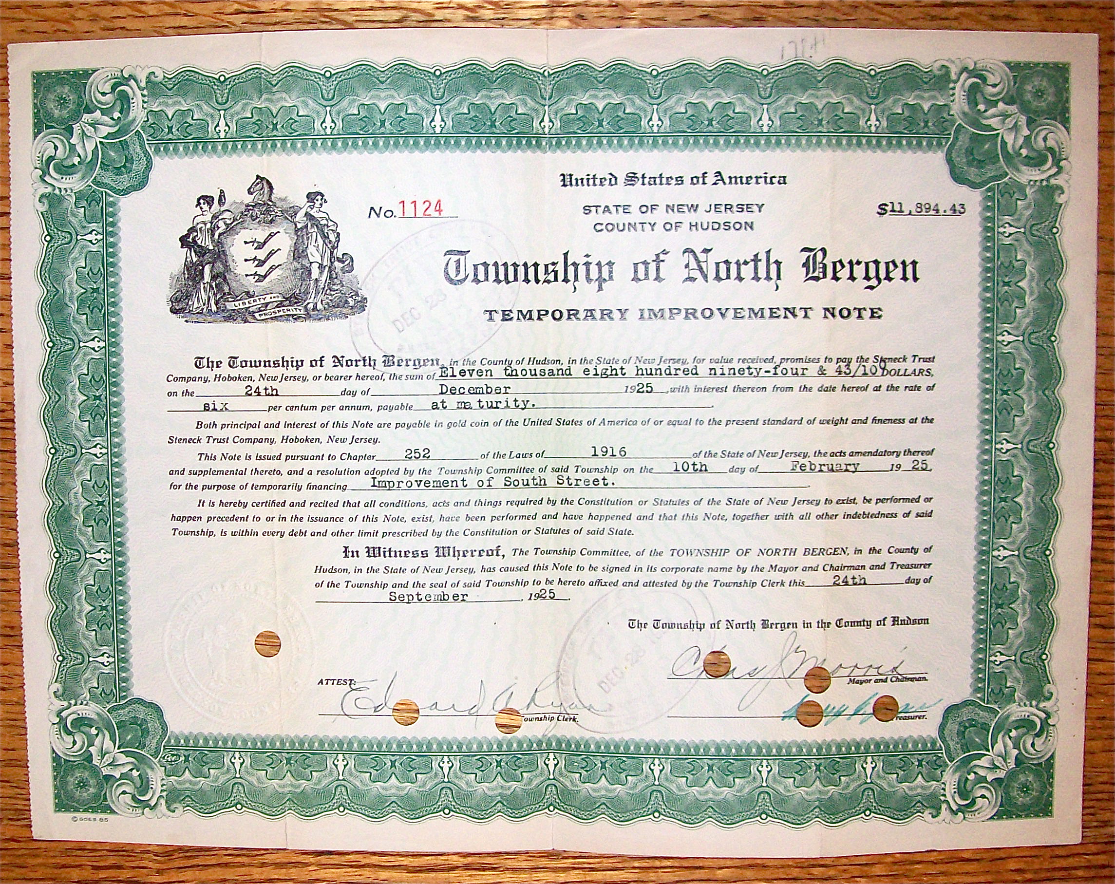 1925 Township Of North Bergen New Jersey Note