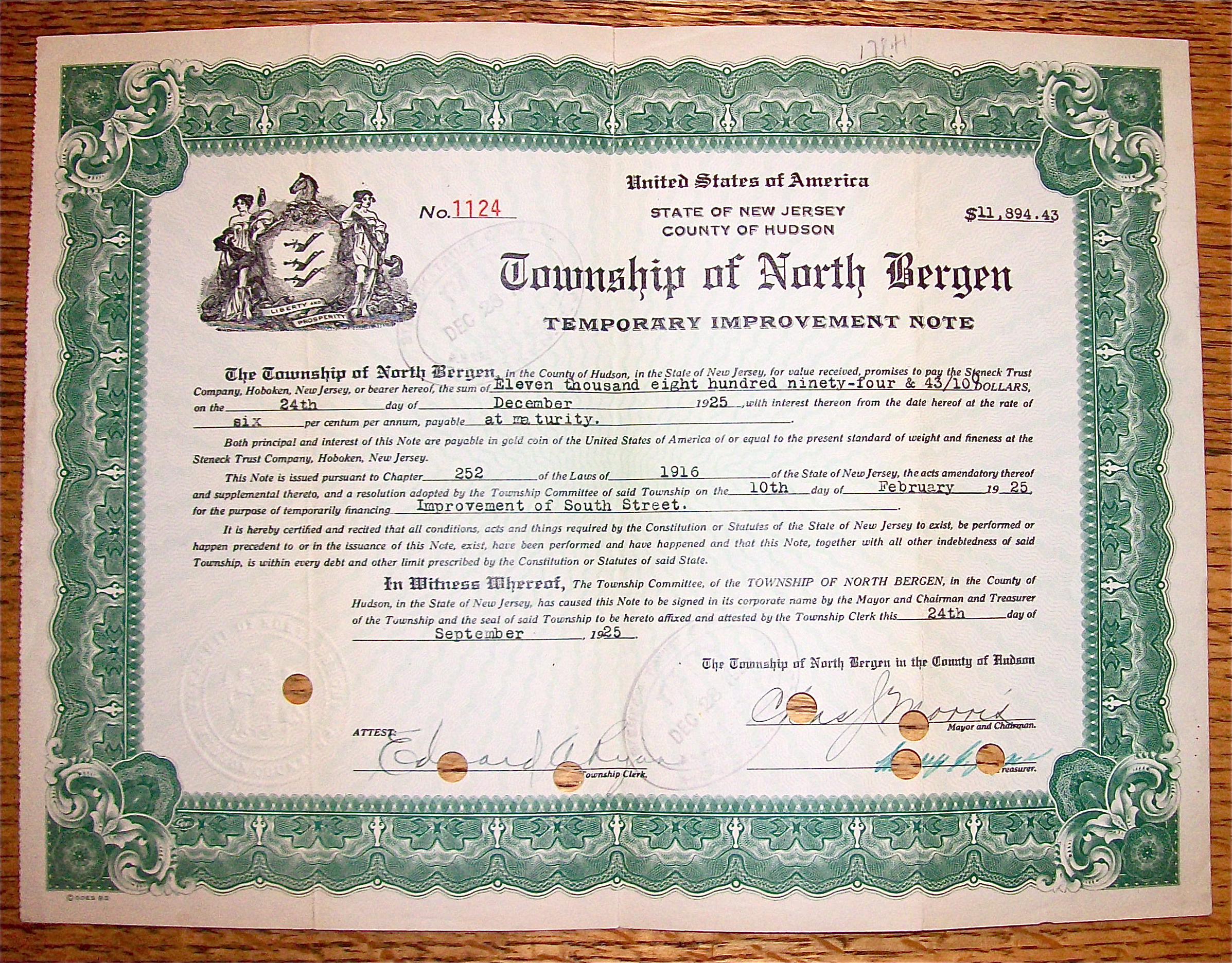 1925 Township Of North Bergen New Jersey Note