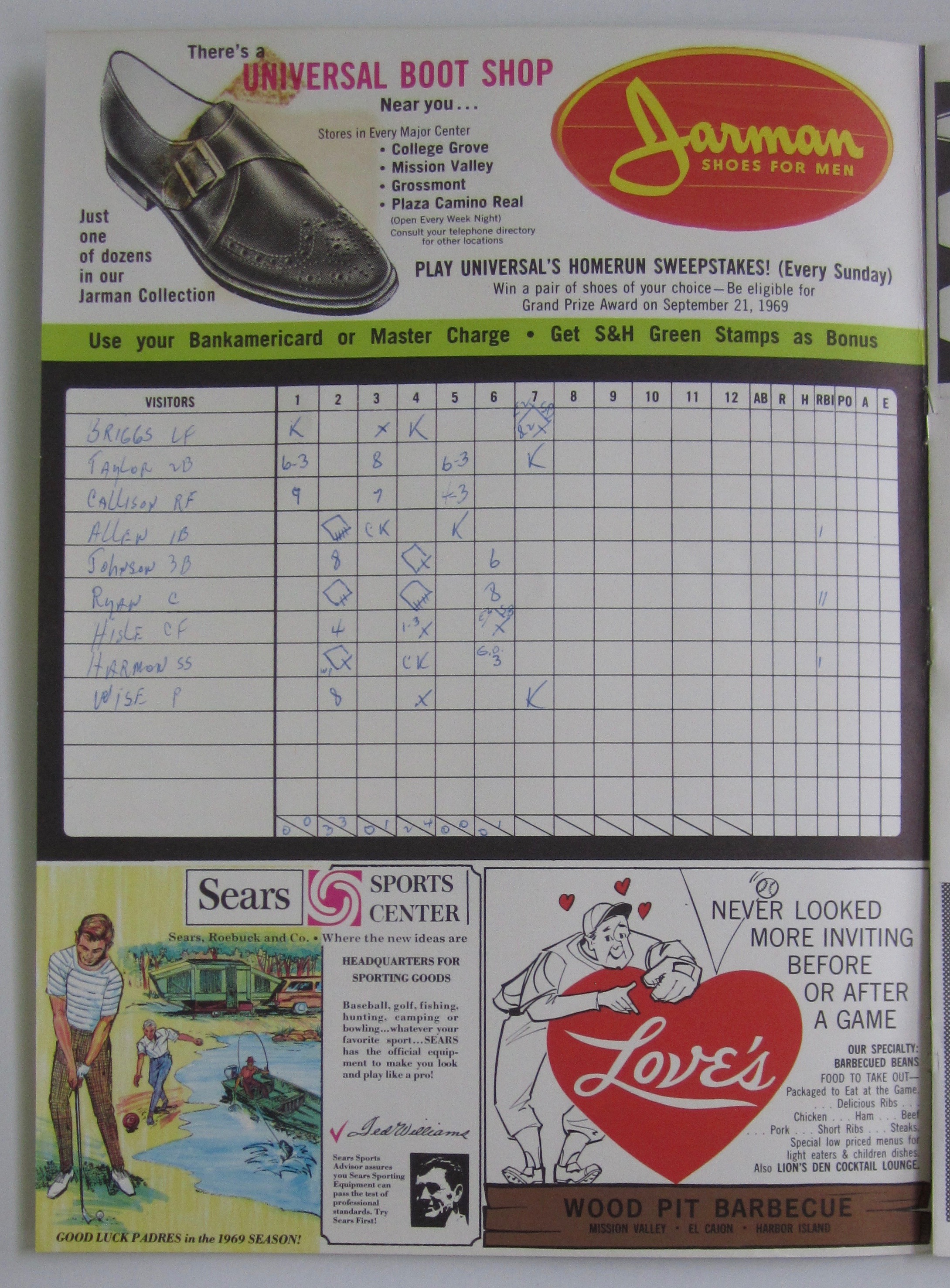 1969 Official Padres vs Phillies Scorecard