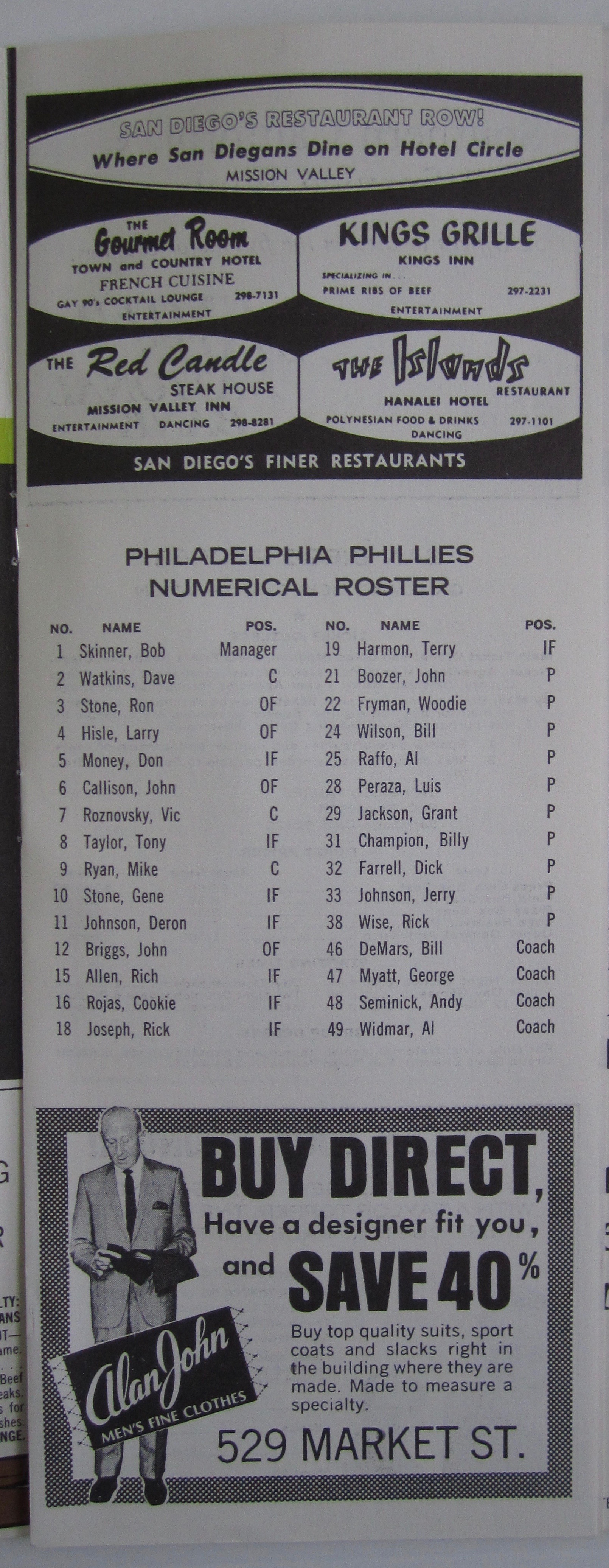 1969 Official Padres vs Phillies Scorecard