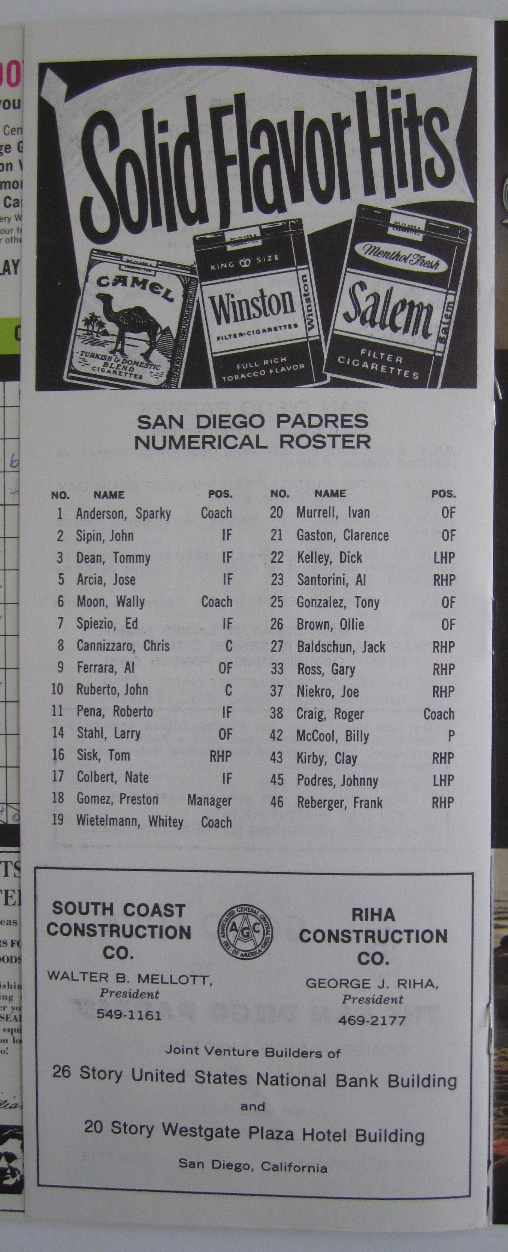 1969 Official Padres vs Phillies Scorecard