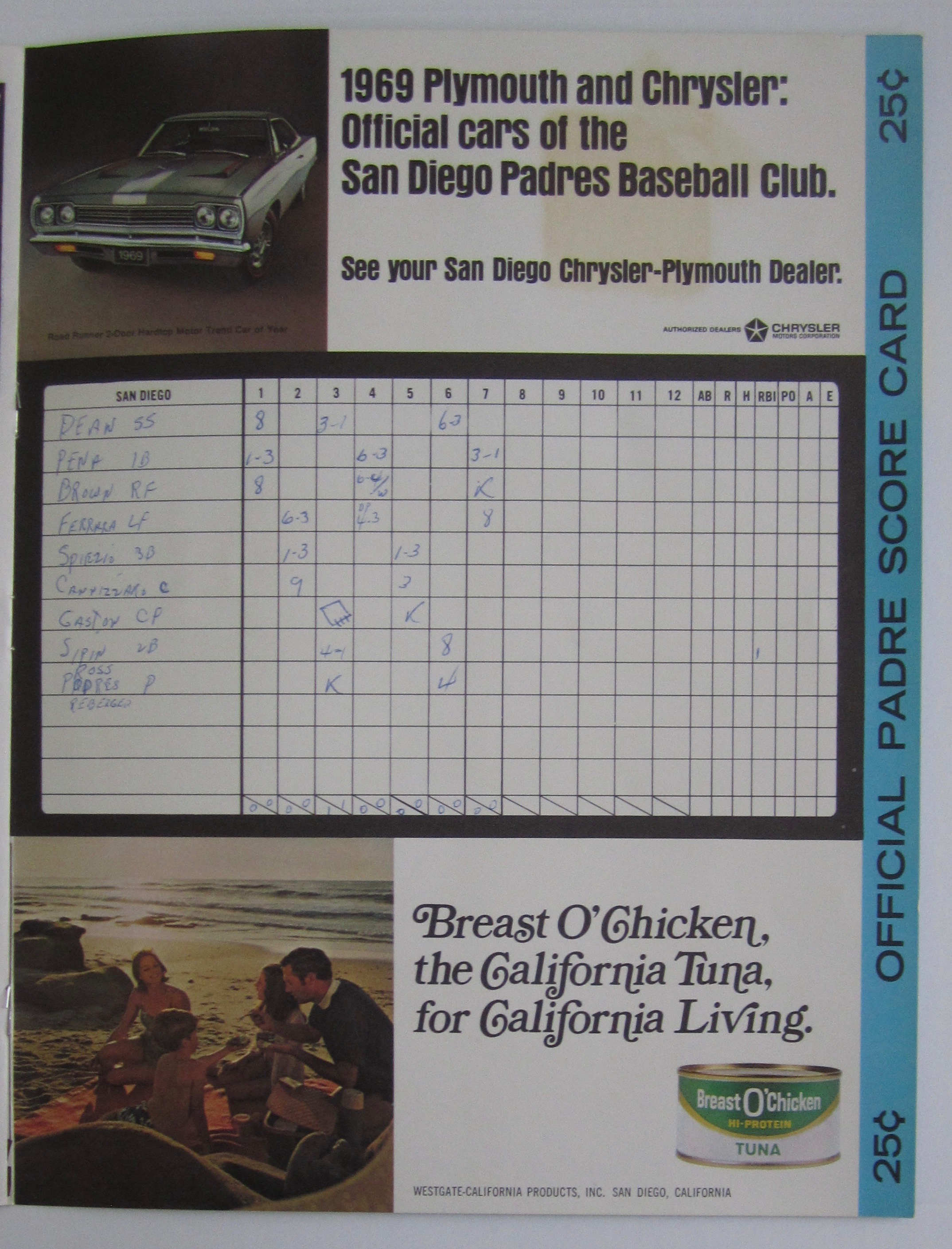 1969 Official Padres vs Phillies Scorecard