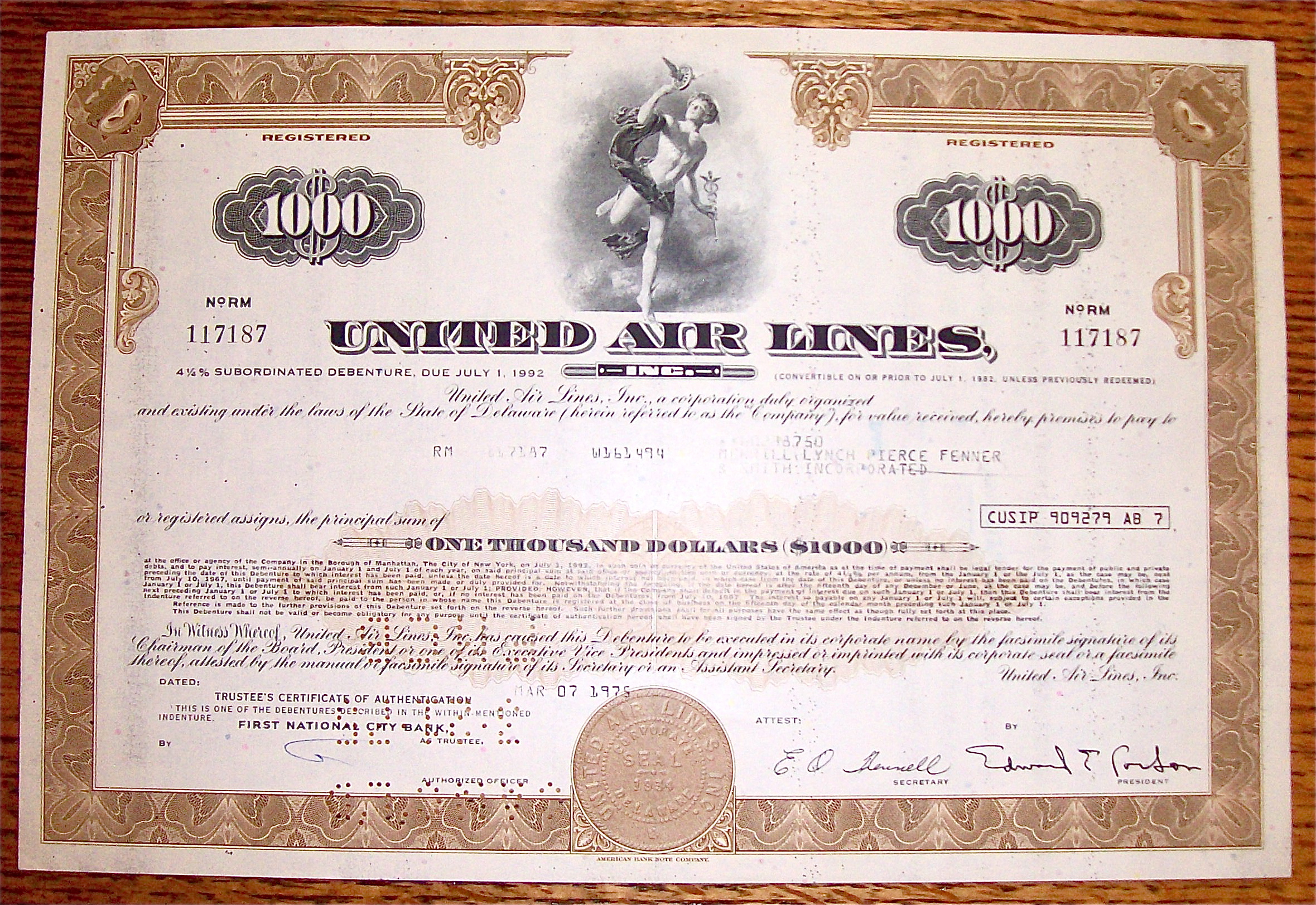 1975 United Airlines $1000 Debenture Note