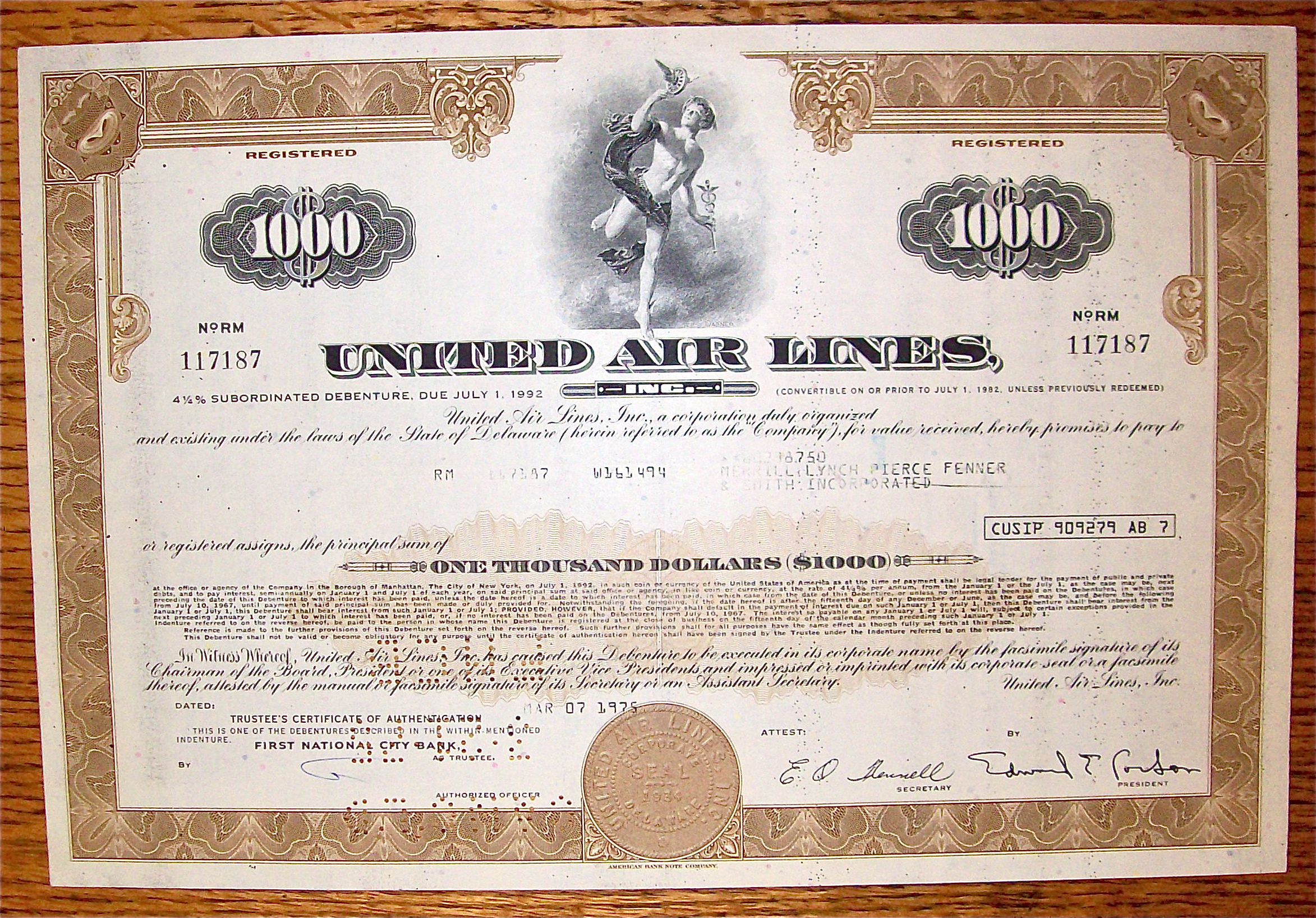 1975 United Airlines $1000 Debenture Note