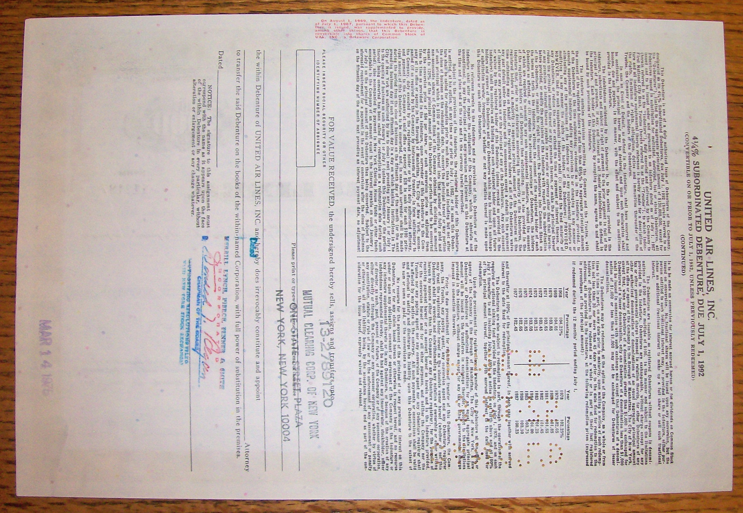 1975 United Airlines $1000 Debenture Note