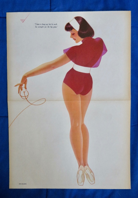 Original 1946 Sexy Pin Up Girl Wearing A Dark Pink Bodysuit While Picking Up The Telephone By George Petty