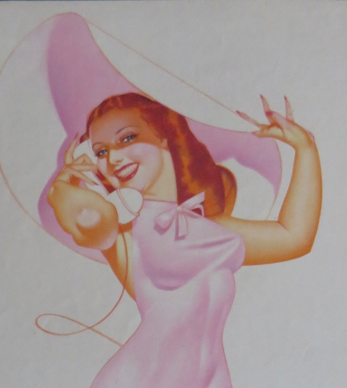 Original 1945 Sexy Red Haired Pin Up Girl Wearing Pink Outfit & Pink Hat While Talking On Telephone By George Petty