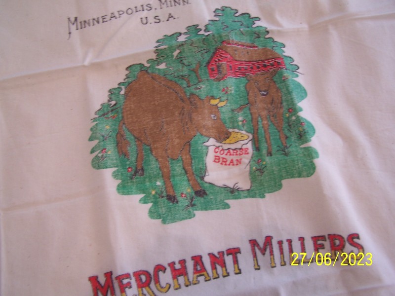 VINTAGE FLOUR SACK COWS & RED BARN..COLORFUL