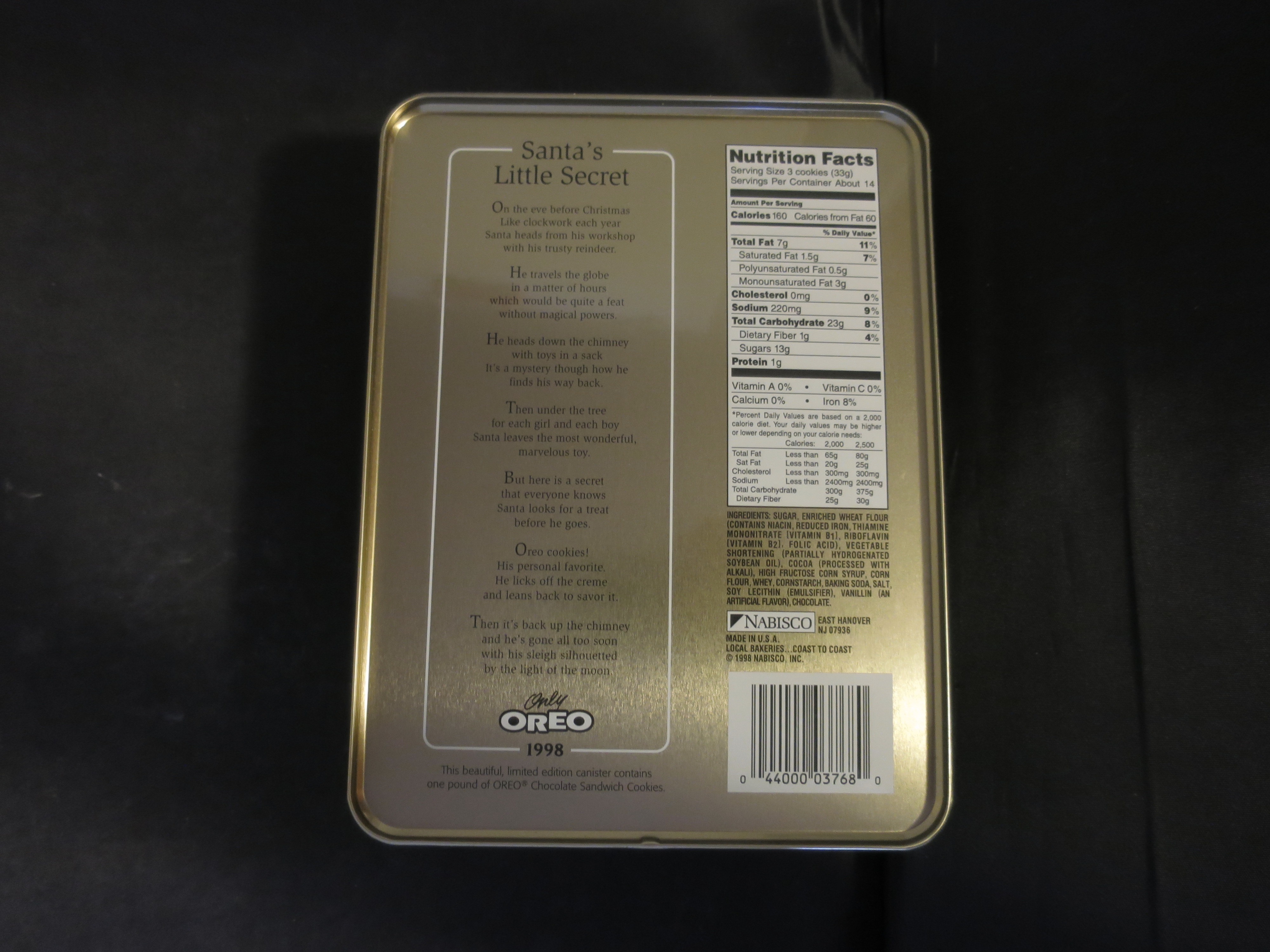 Oreo Cookie Tin 1998 Santas Little Secret
