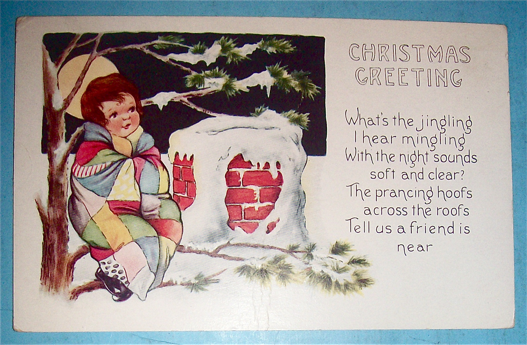 Christmas Greetings Postcard w/Girl Sitting in Tree