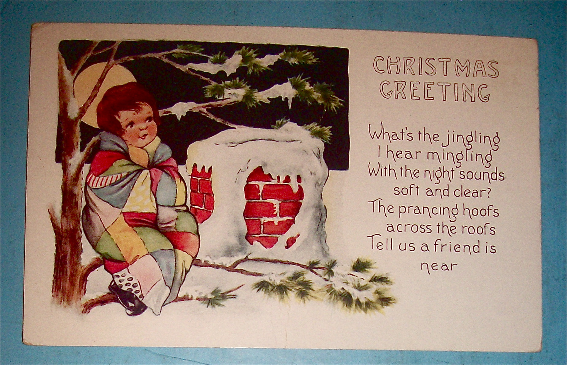 Christmas Greetings Postcard w/Girl Sitting in Tree
