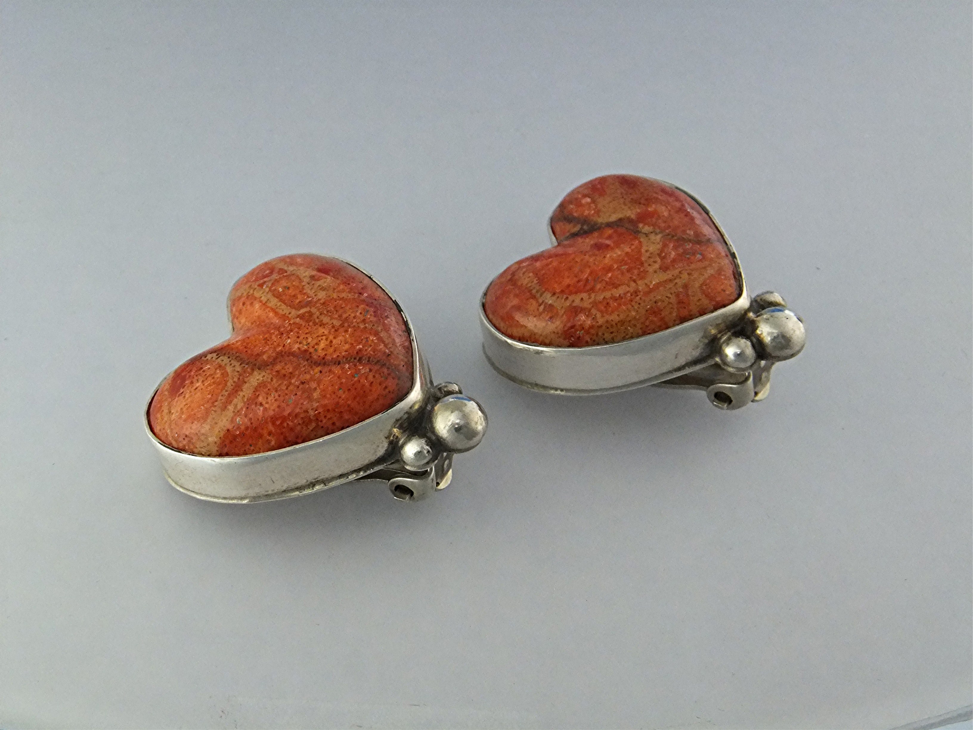 David Troutman Apple Coral Sterling Silver Heart Clips