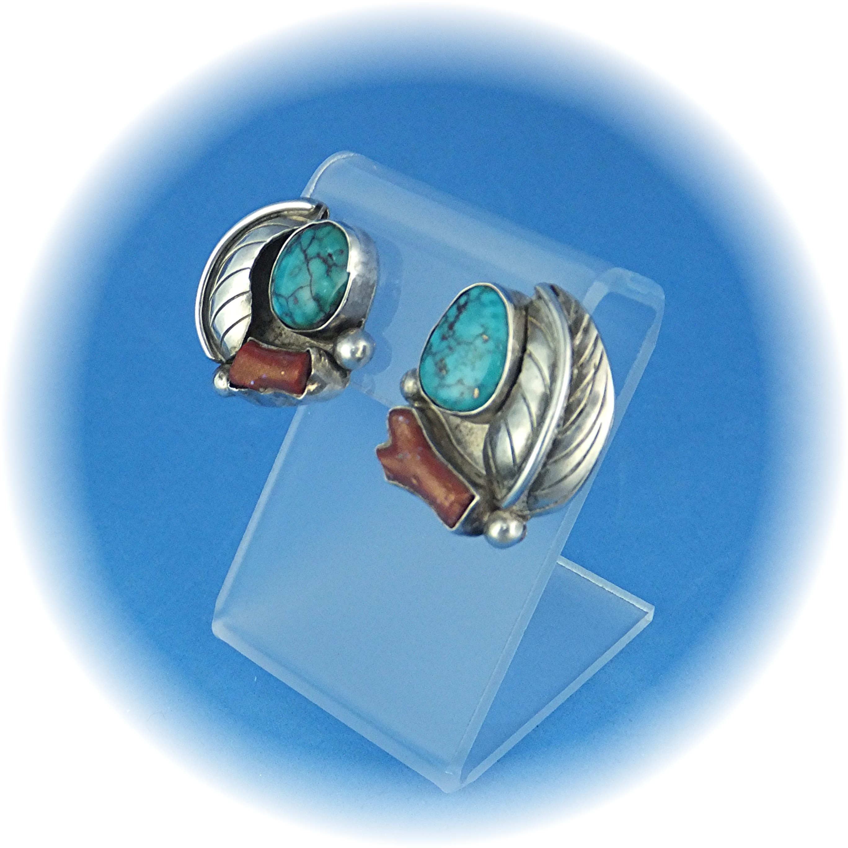 Native American Sterling Silver Turquoise Coral Clips