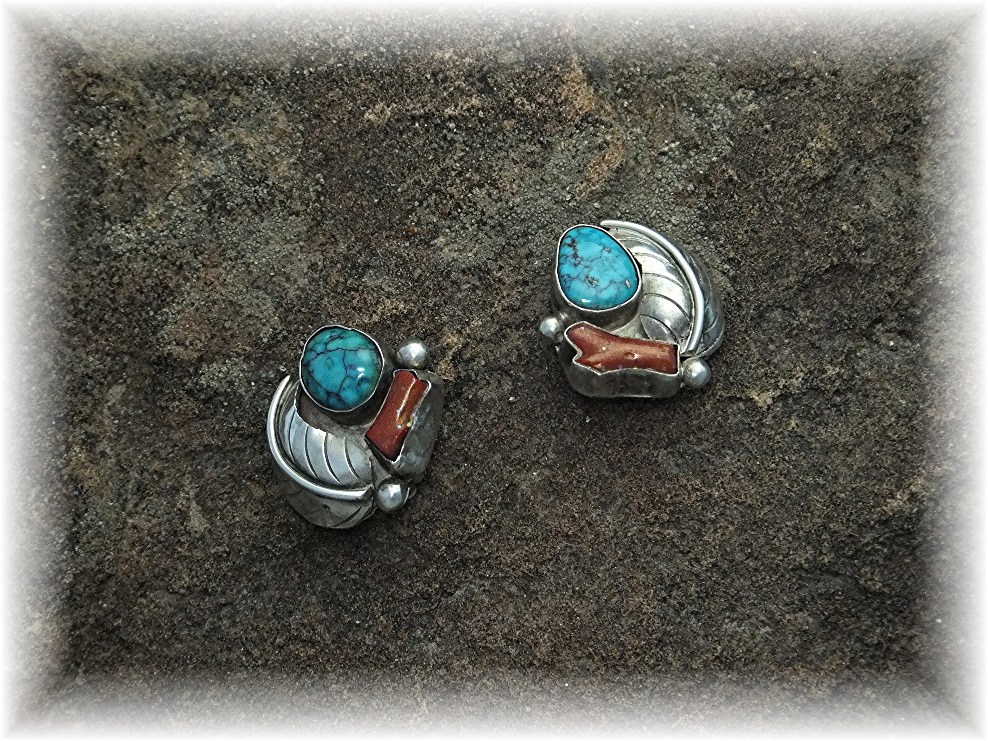 Native American Sterling Silver Turquoise Coral Clips
