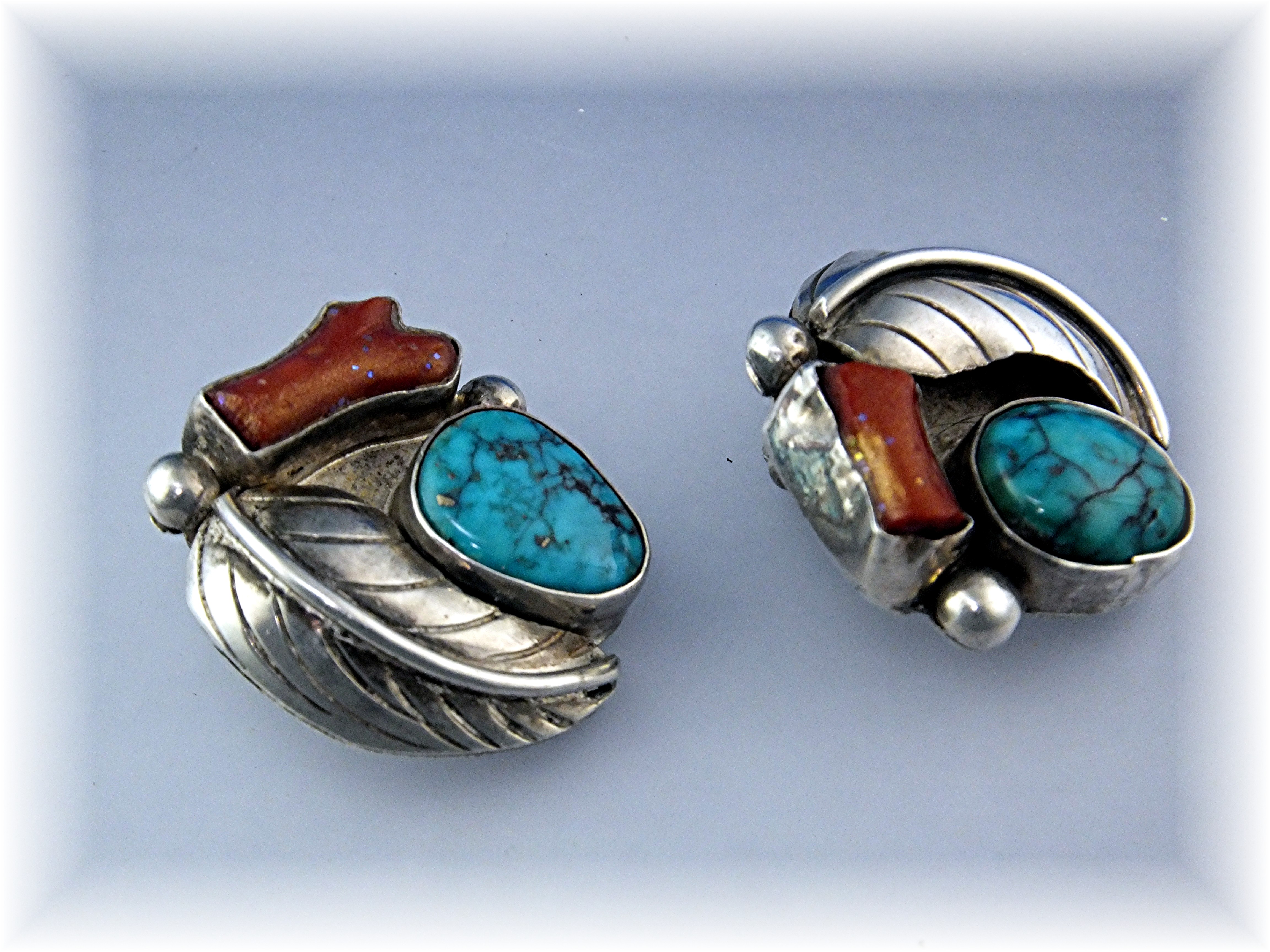 Native American Sterling Silver Turquoise Coral Clips