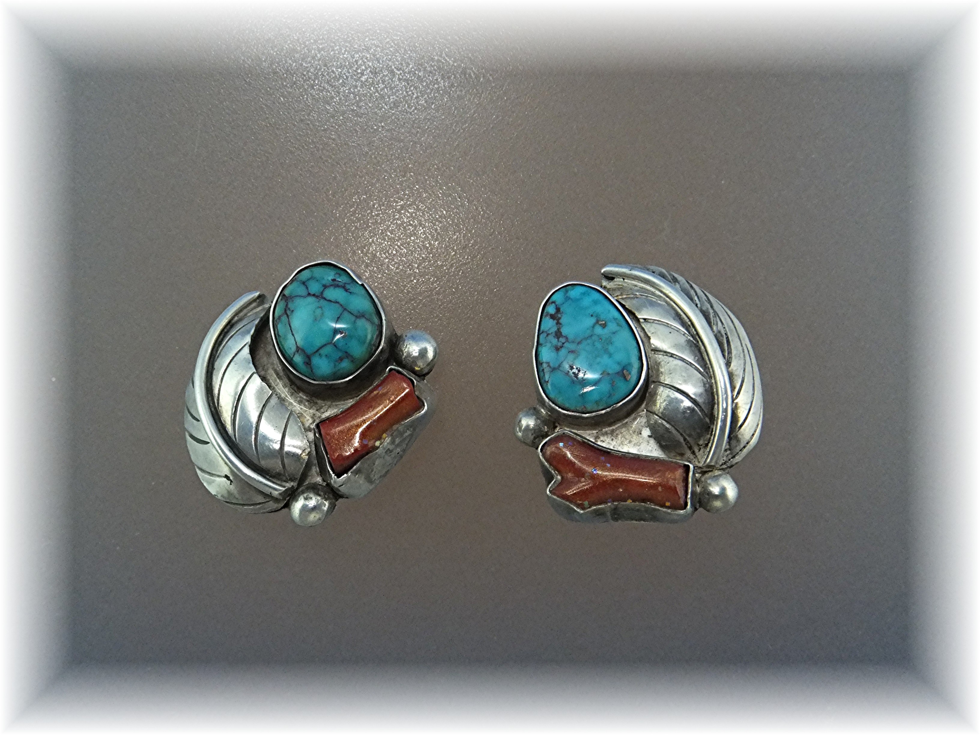 Native American Sterling Silver Turquoise Coral Clips