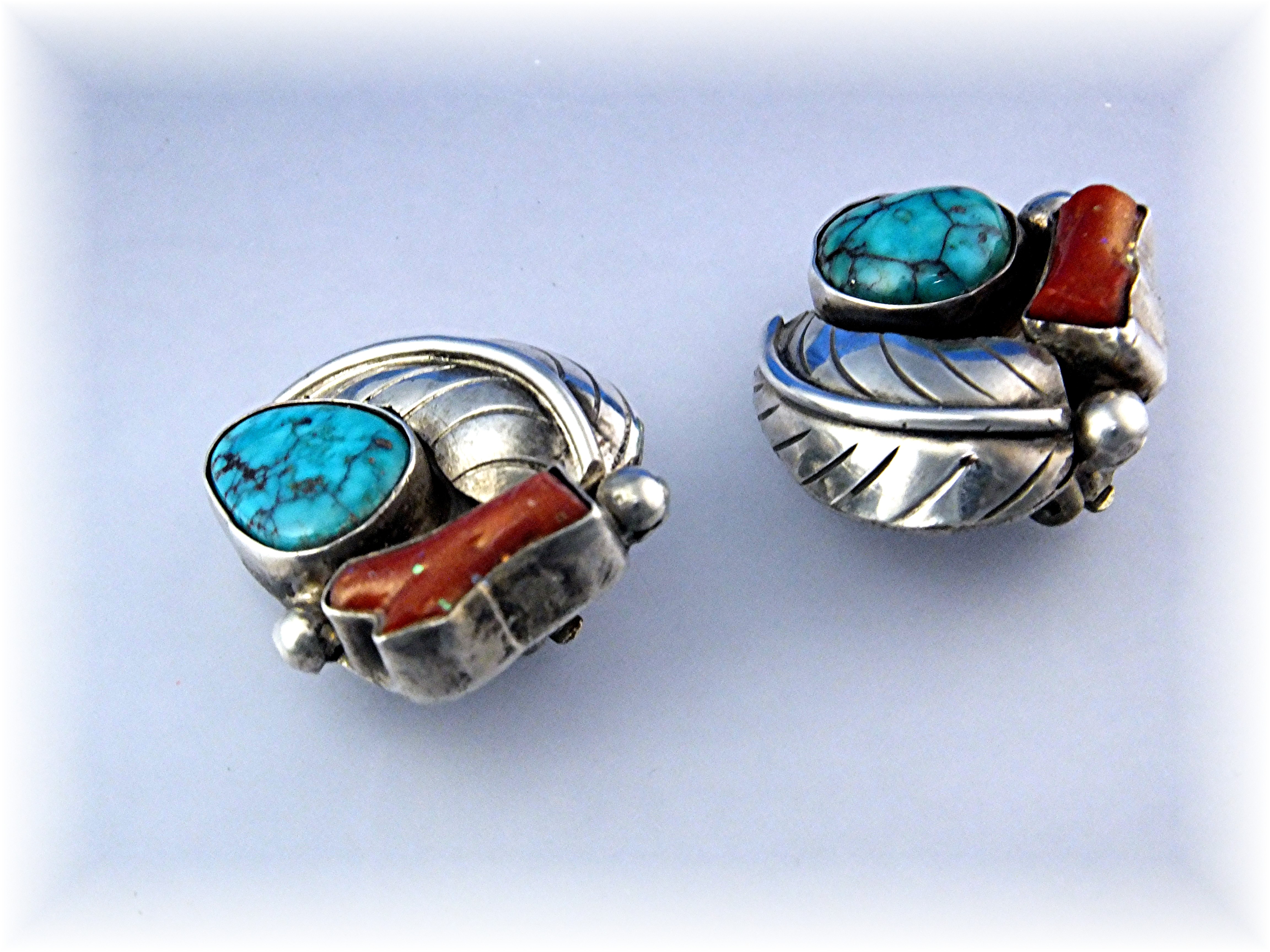 Native American Sterling Silver Turquoise Coral Clips
