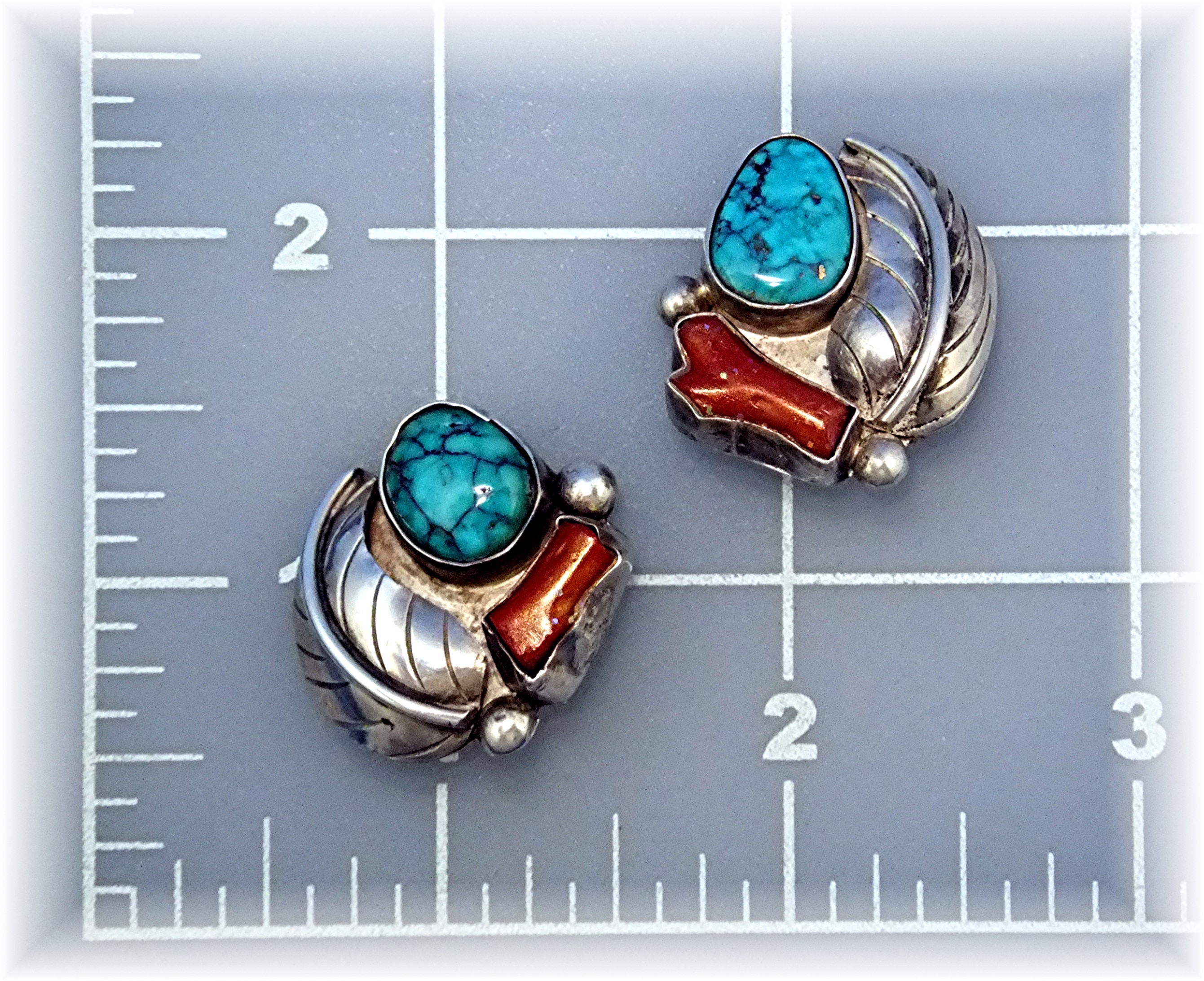 Native American Sterling Silver Turquoise Coral Clips