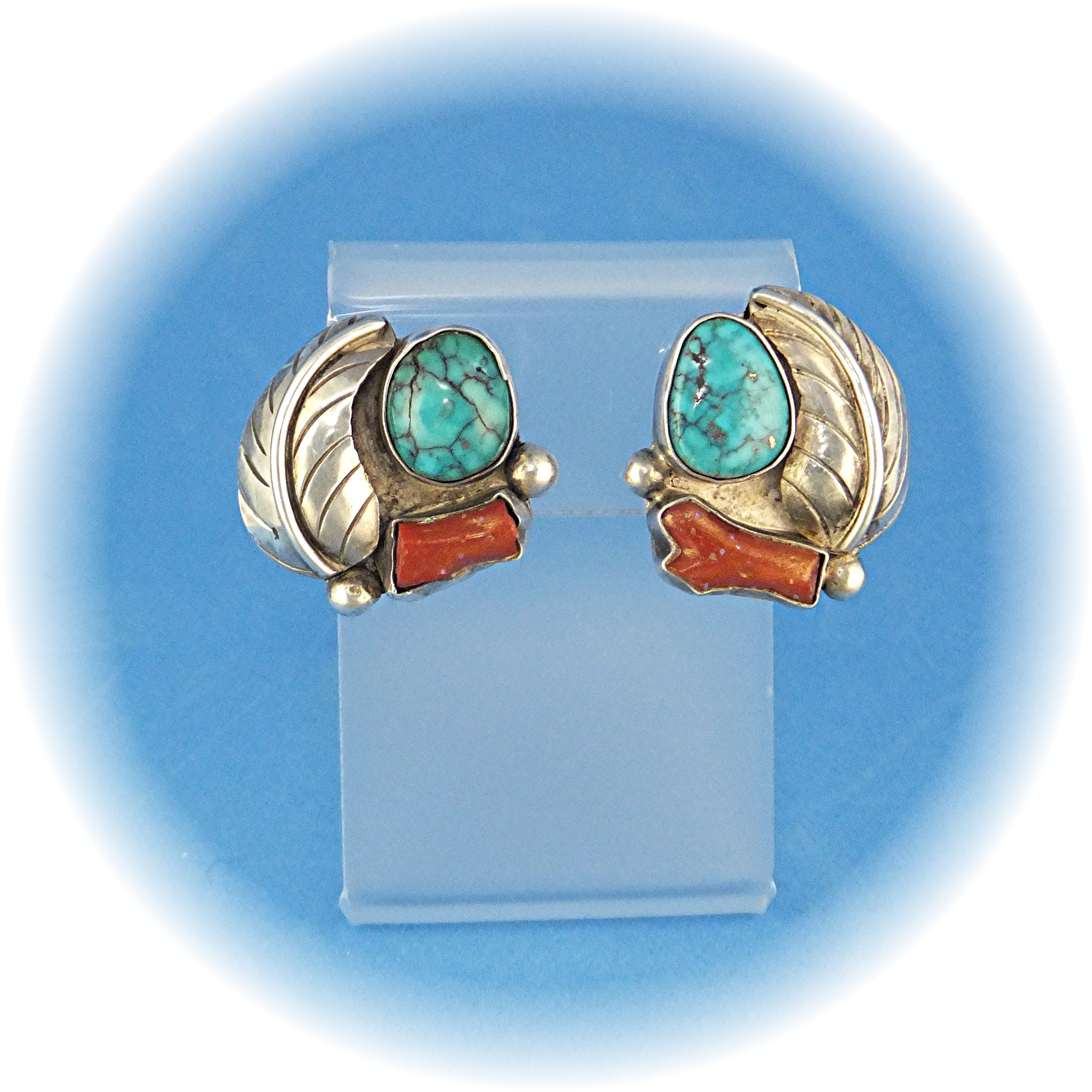 Native American Sterling Silver Turquoise Coral Clips