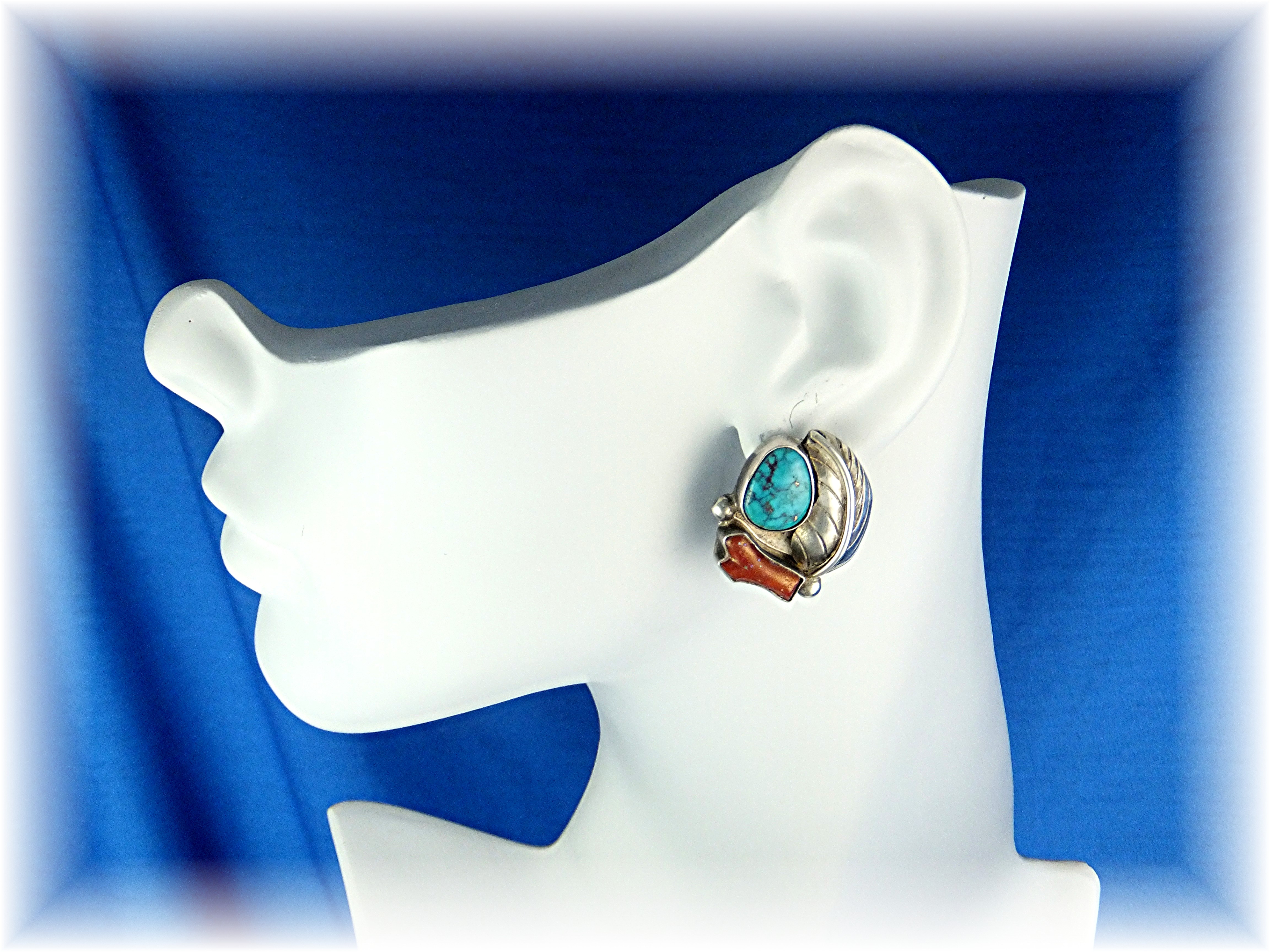 Native American Sterling Silver Turquoise Coral Clips