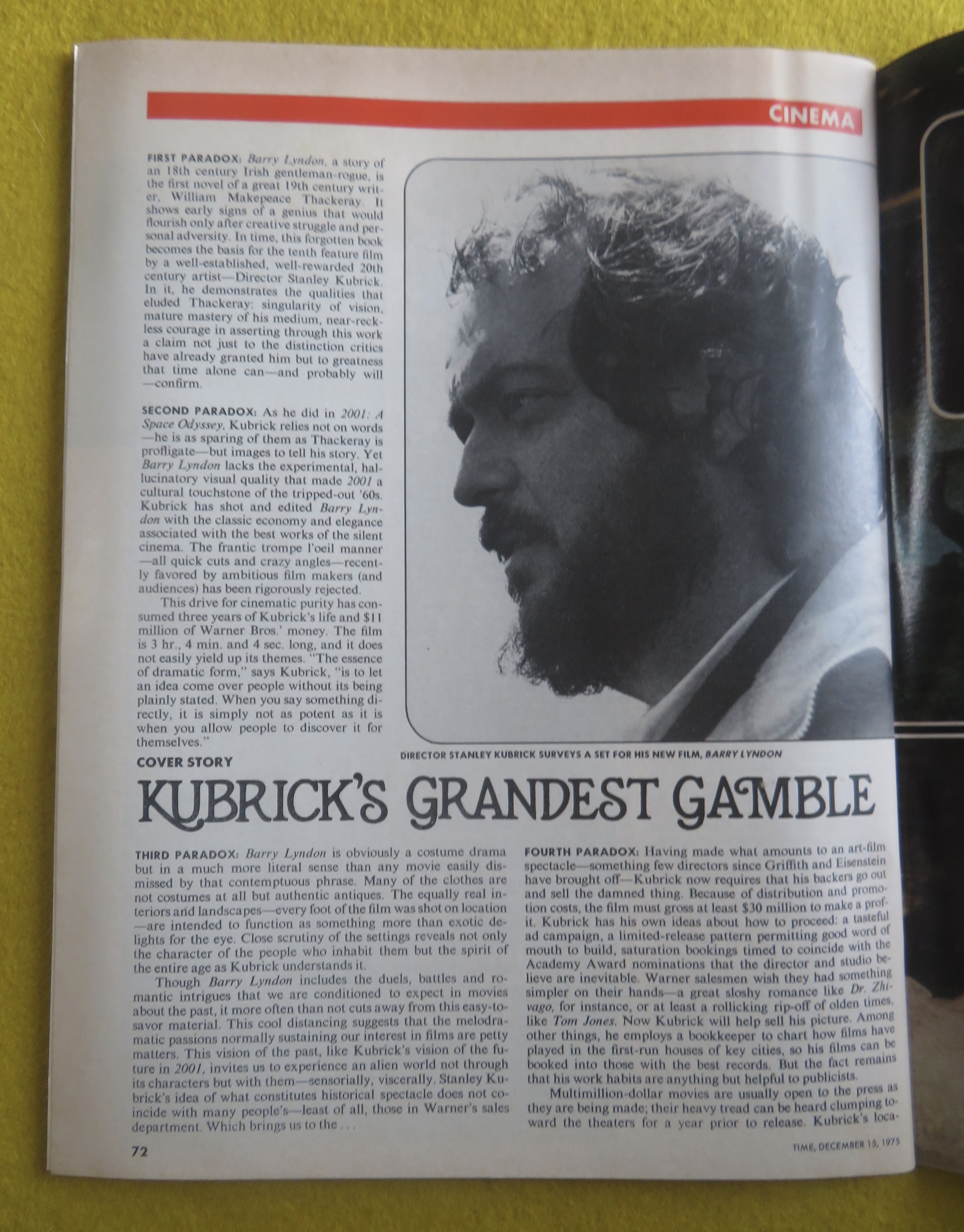 Time Magazine December 15, 1975 Kubrick's Gamble