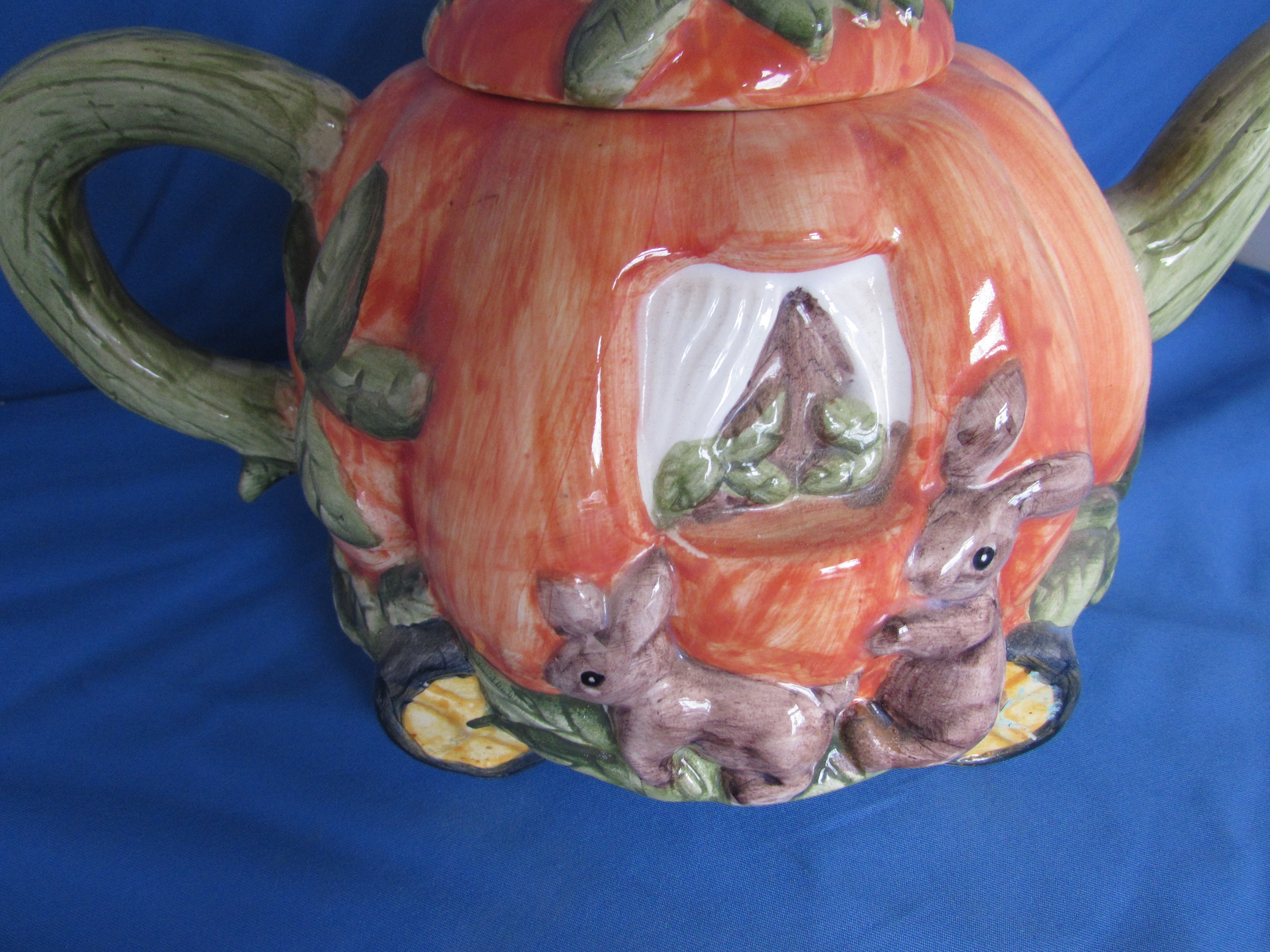 Lotus Pumpkin Teapot with Bunnies Porcelain