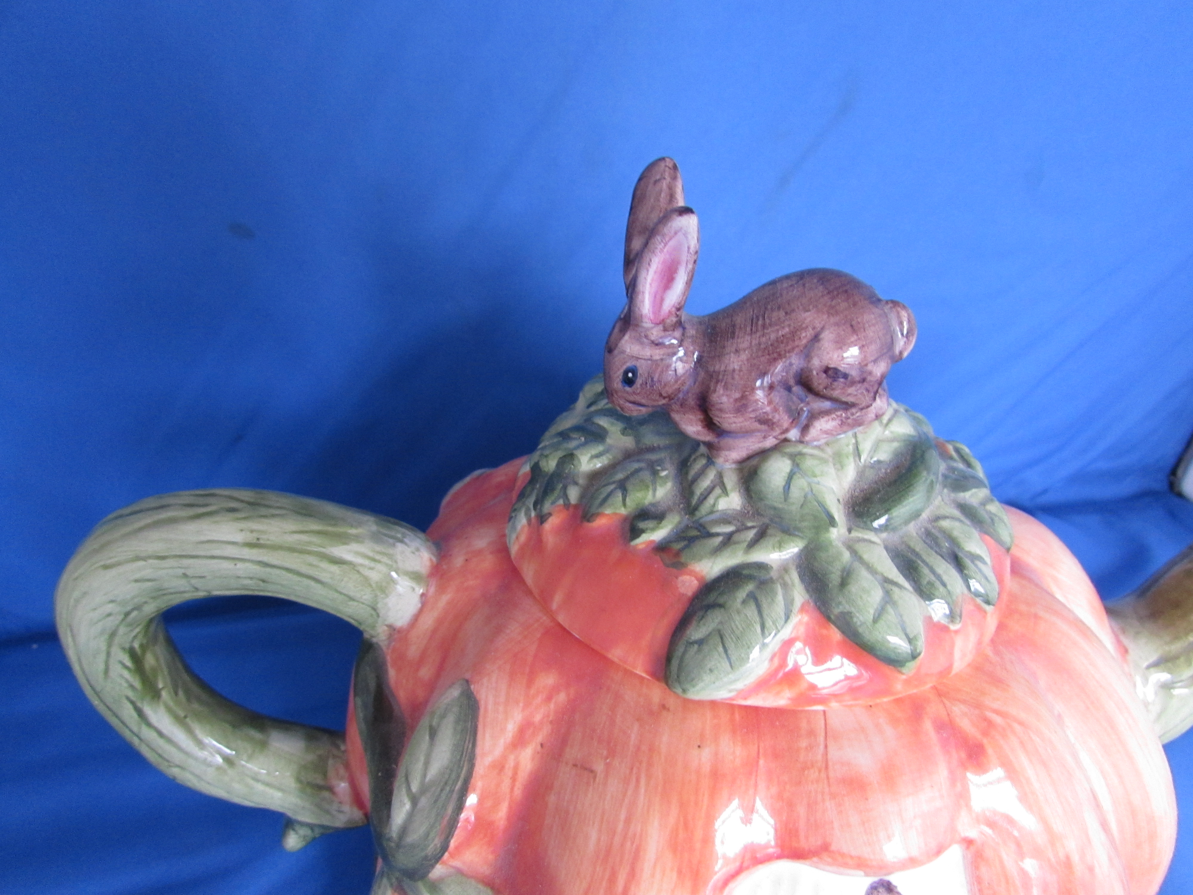 Lotus Pumpkin Teapot with Bunnies Porcelain