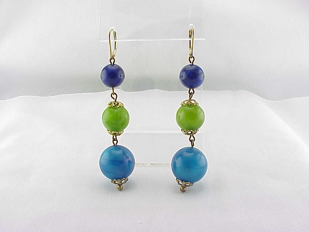14k Gf Dangling Blue And Green Pearl Lucite Ball Pierced Earrings