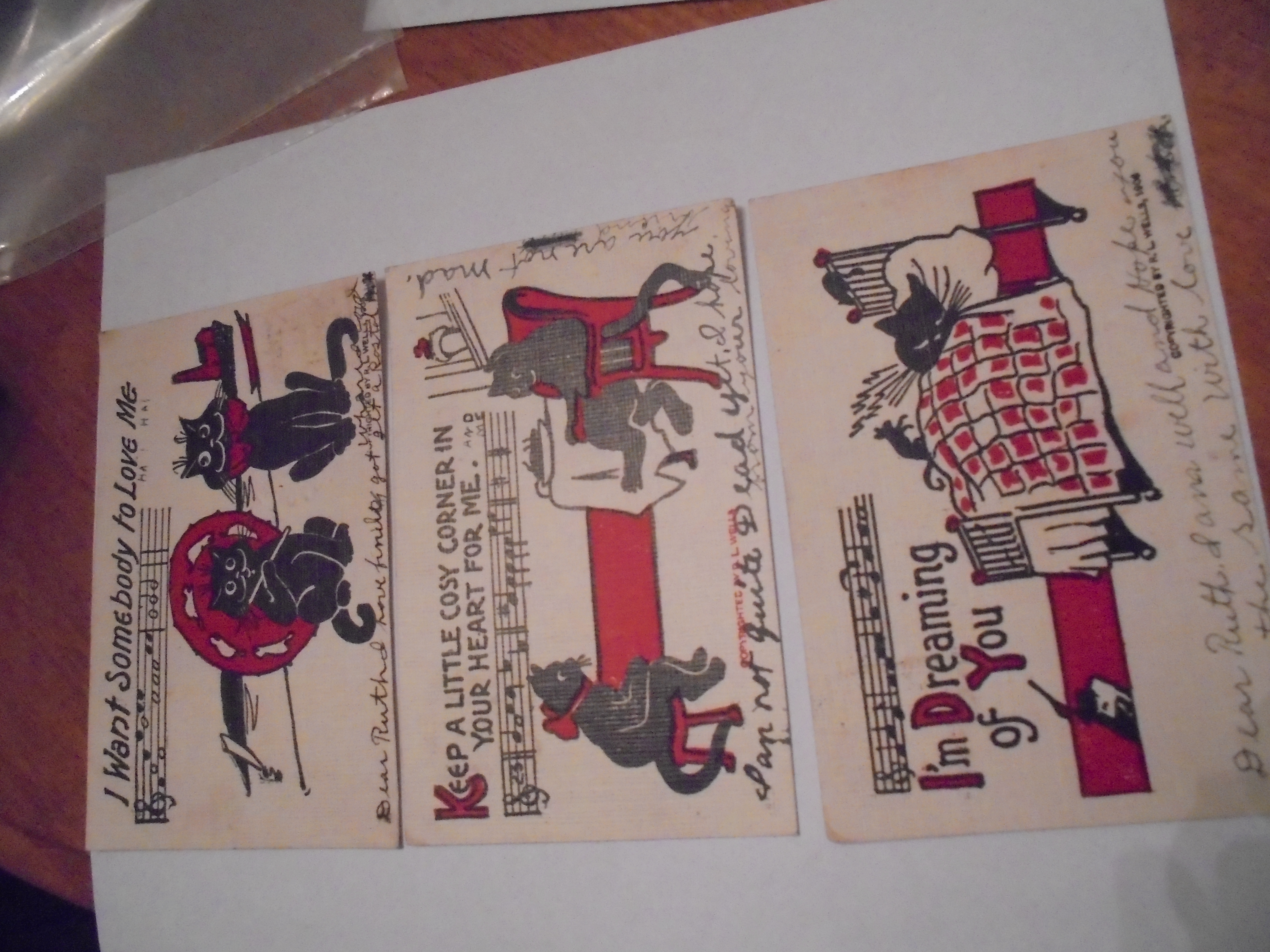 Novelty Postcard Trio, Cats W/Verses