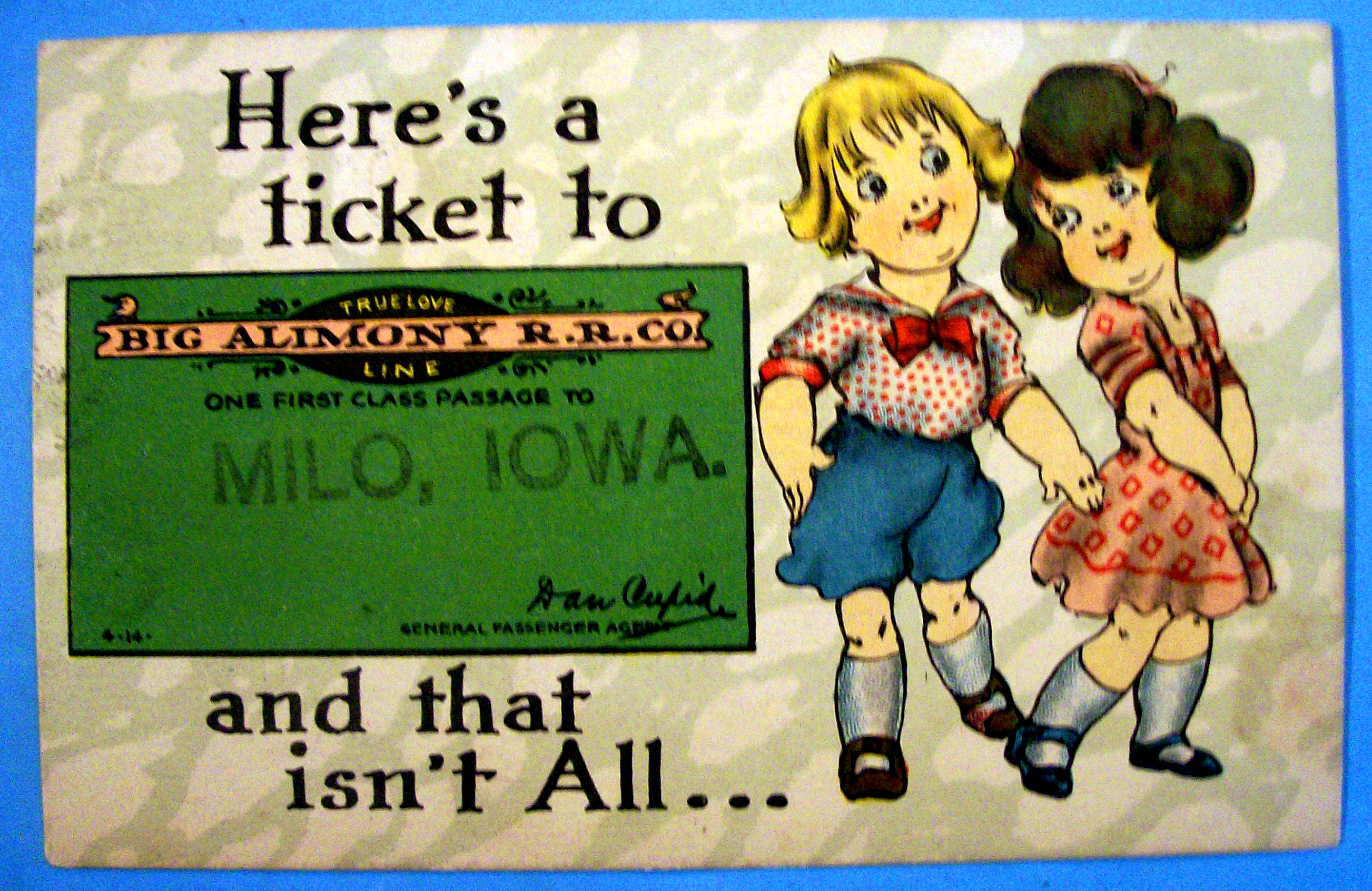 Big Alimony R. R. Co. Milo, Iowa Postcard