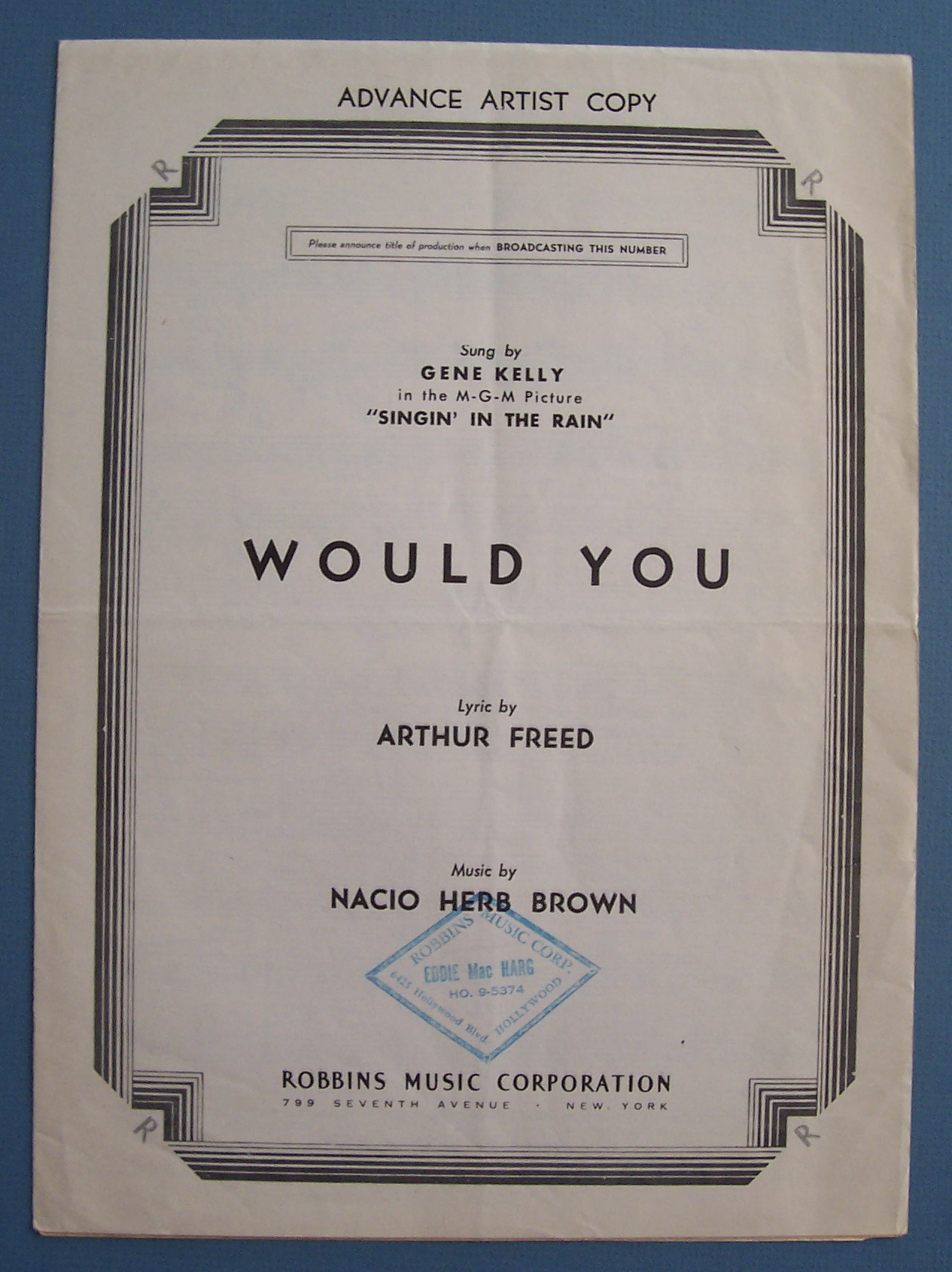 Sheet Music For 1936 Would You (Advance Artist Copy)