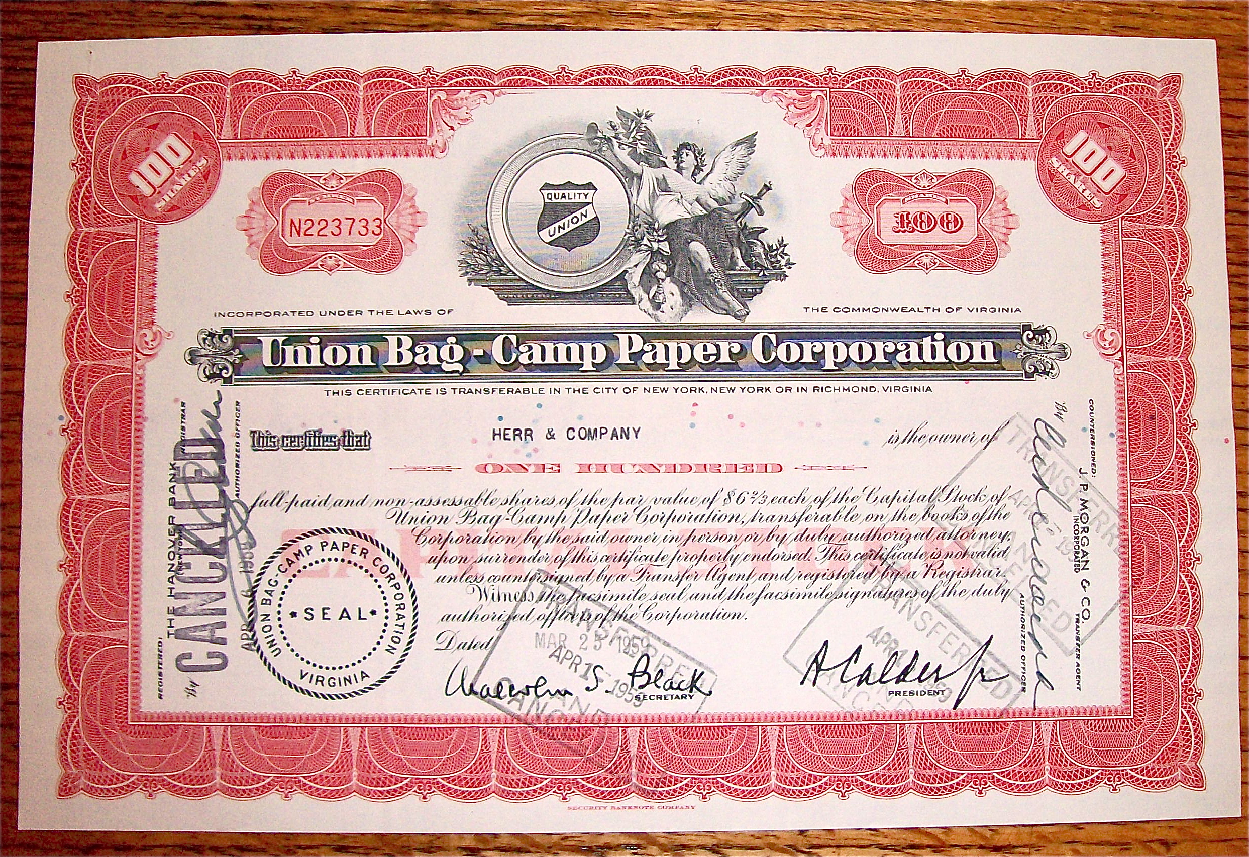 1959 Union Bag Camp Paper Corporation Stock Certificate