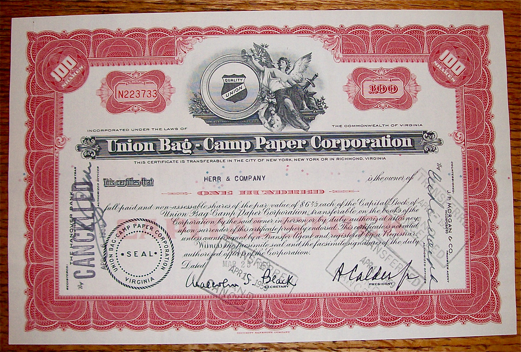 1959 Union Bag Camp Paper Corporation Stock Certificate