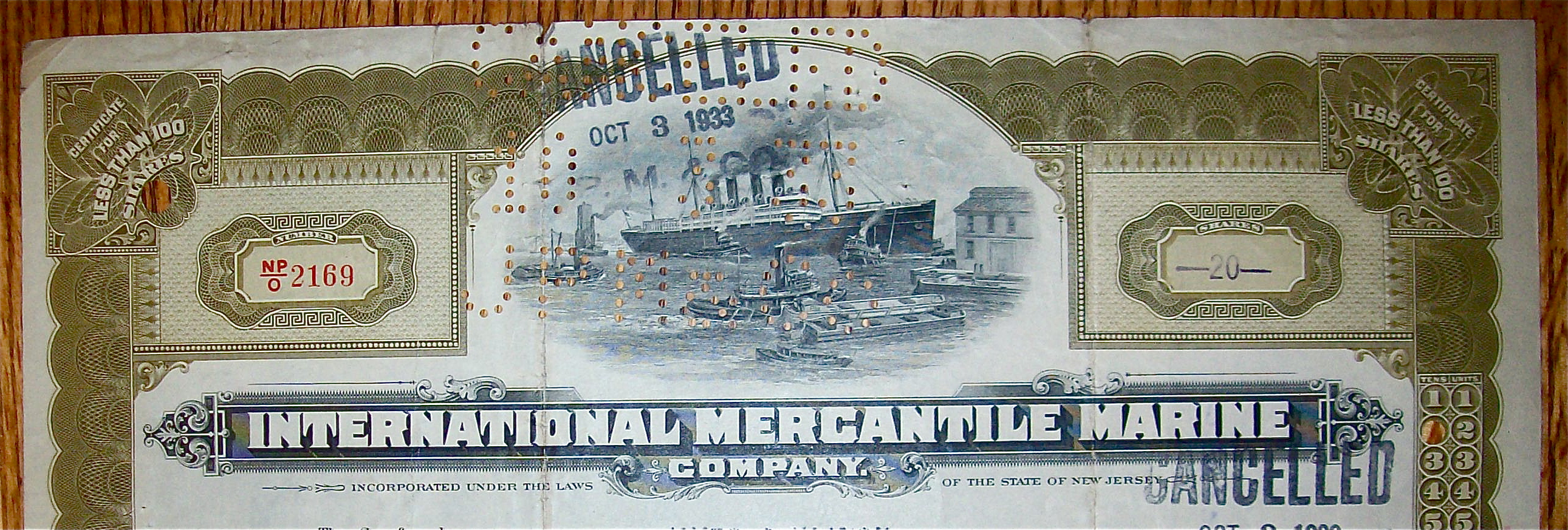 1930 International Mercantile Marine Stock Certificate