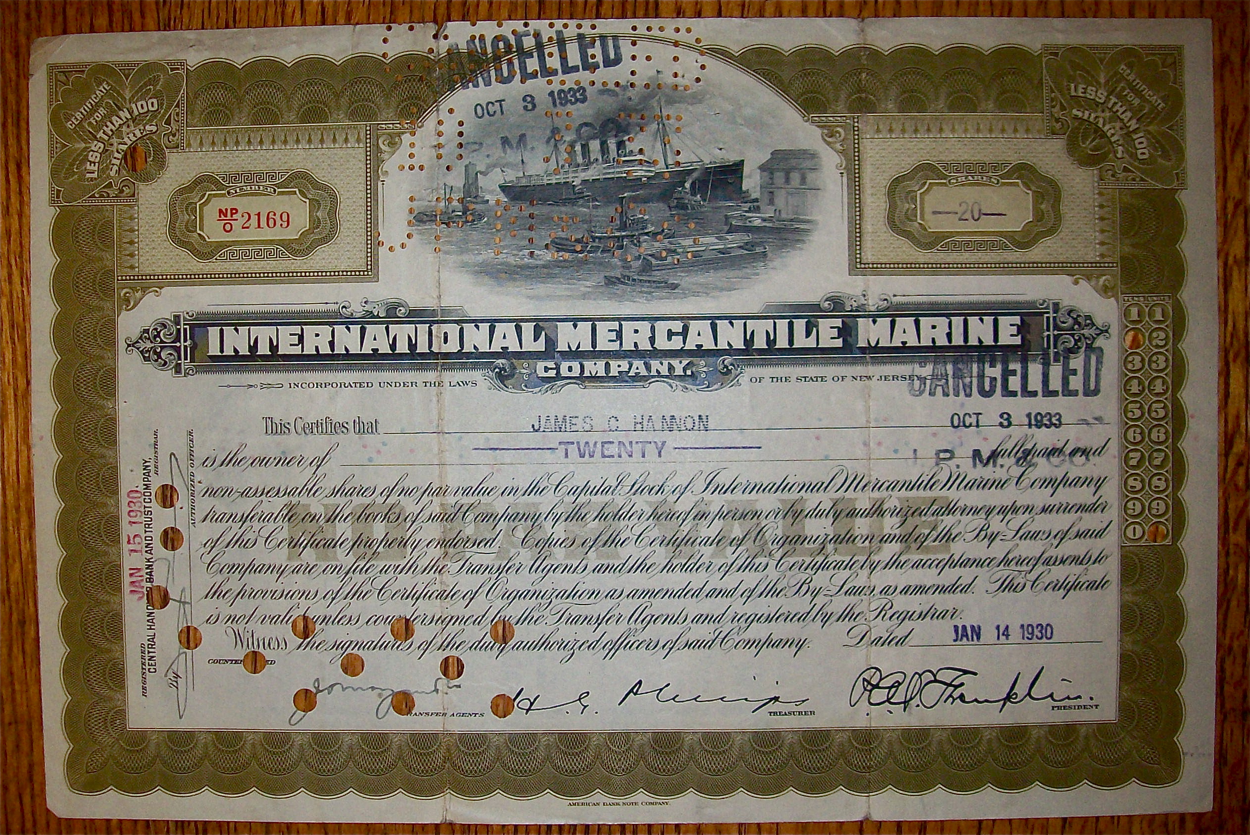 1930 International Mercantile Marine Stock Certificate