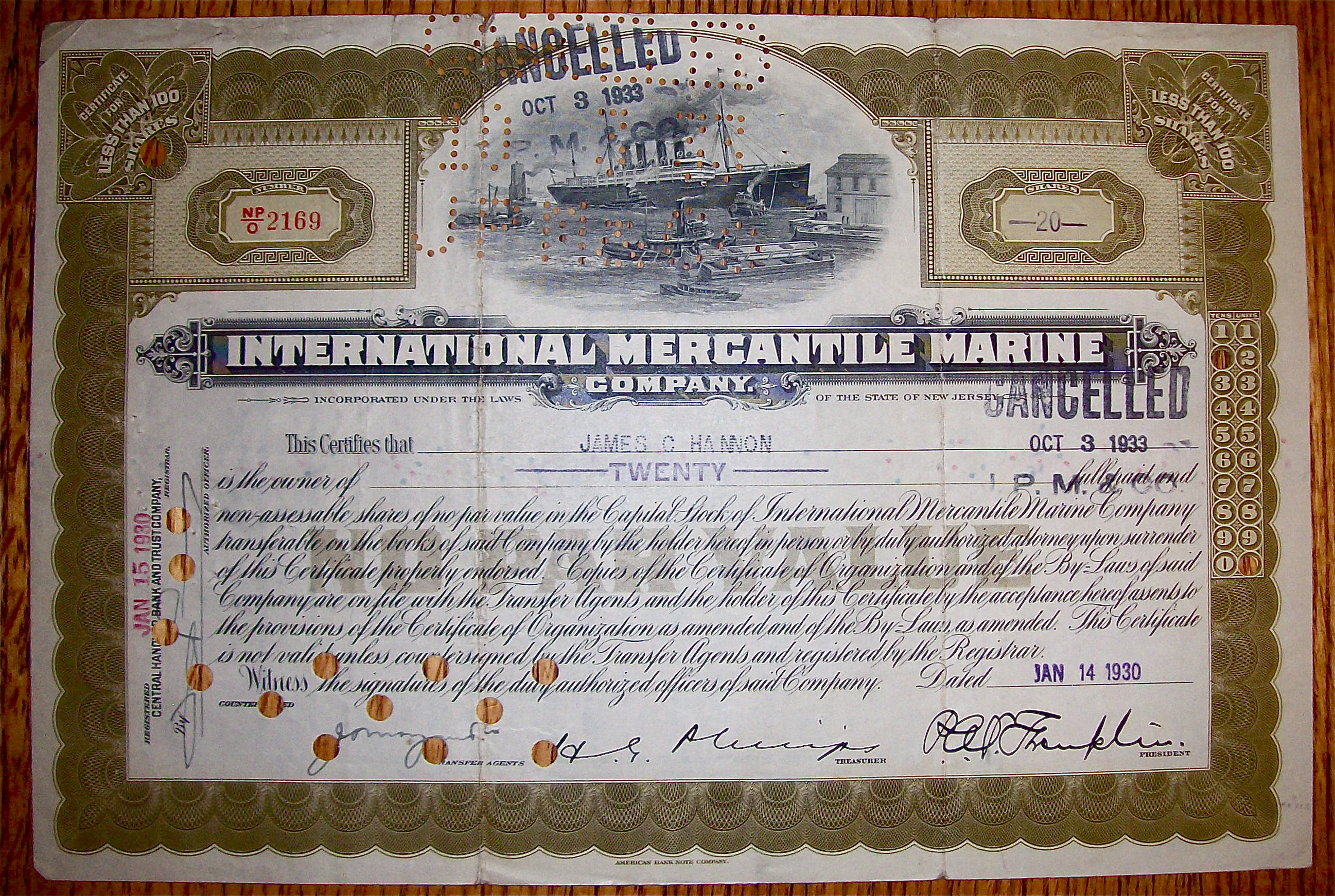 1930 International Mercantile Marine Stock Certificate